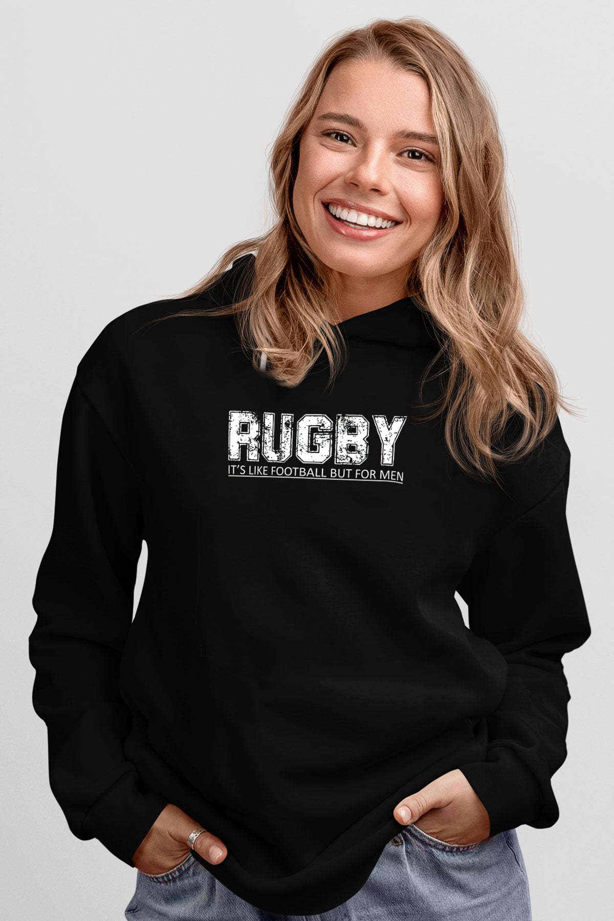 Rugby Baskılı Unisex Siyah Kapüşonlu Sweatshirt
