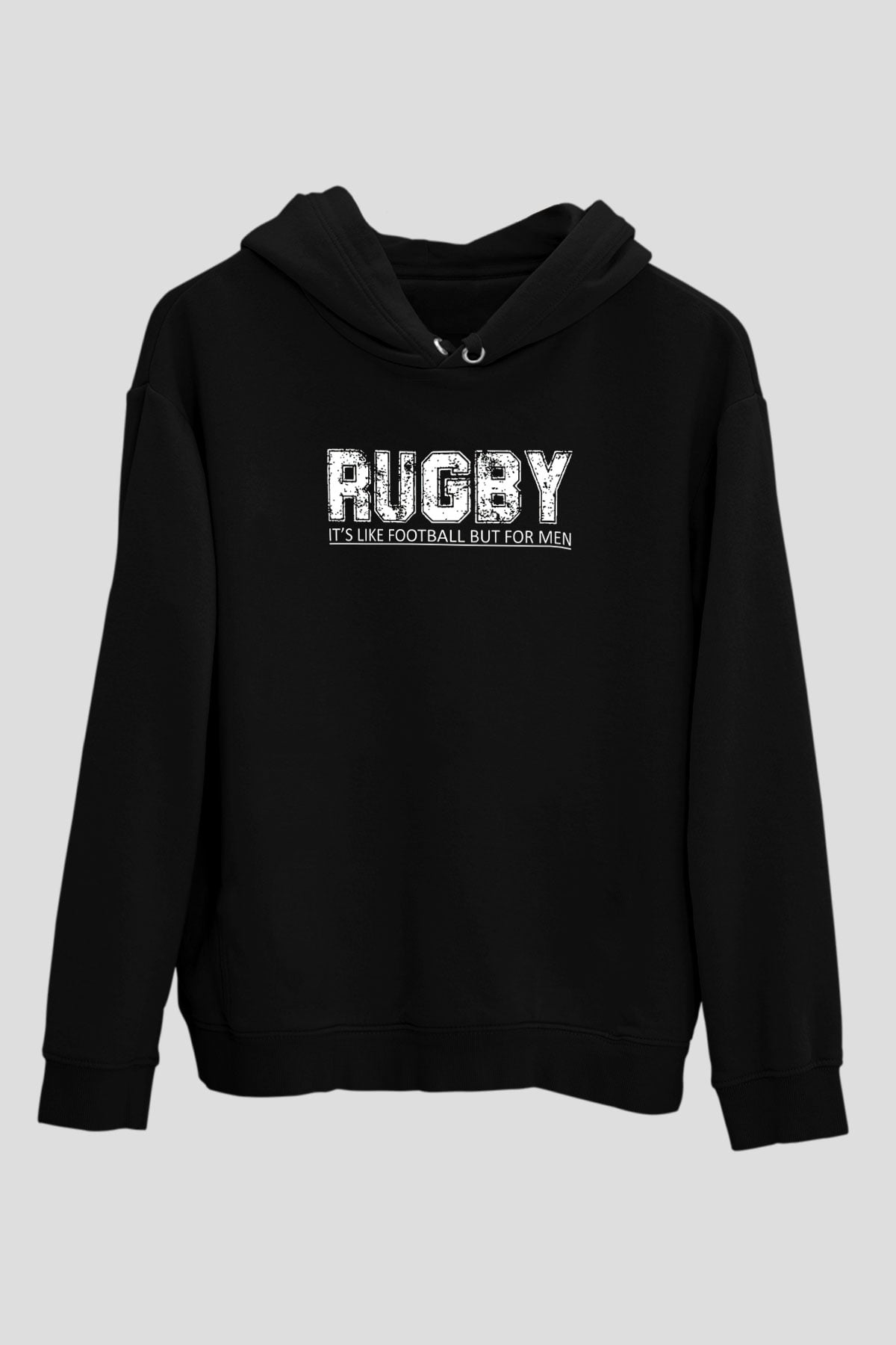 Rugby Baskılı Unisex Siyah Kapüşonlu Sweatshirt