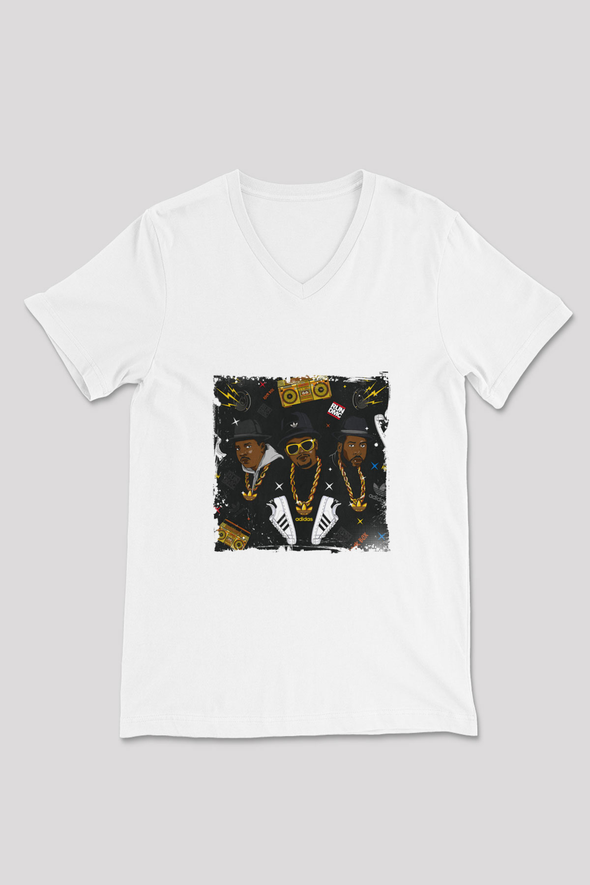 Run DMC Baskılı Beyaz V Yaka Unisex Tişört