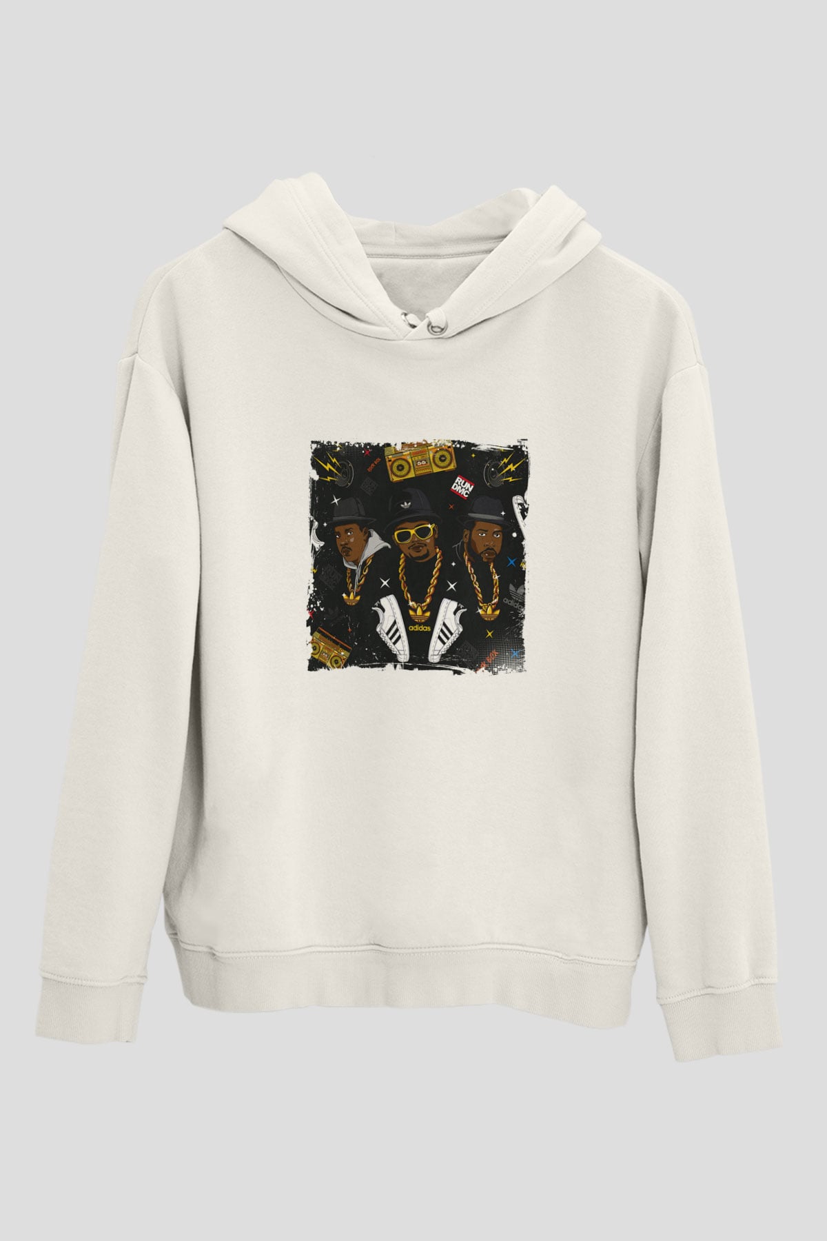 Run DMC Baskılı Unisex Beyaz Kapüşonlu Sweatshirt
