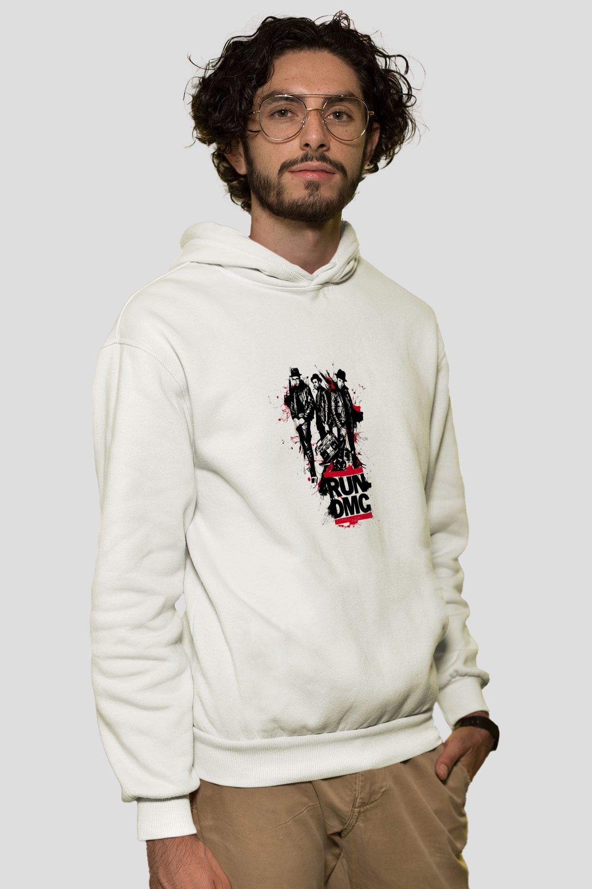 Run DMC Baskılı Unisex Beyaz Kapüşonlu Sweatshirt
