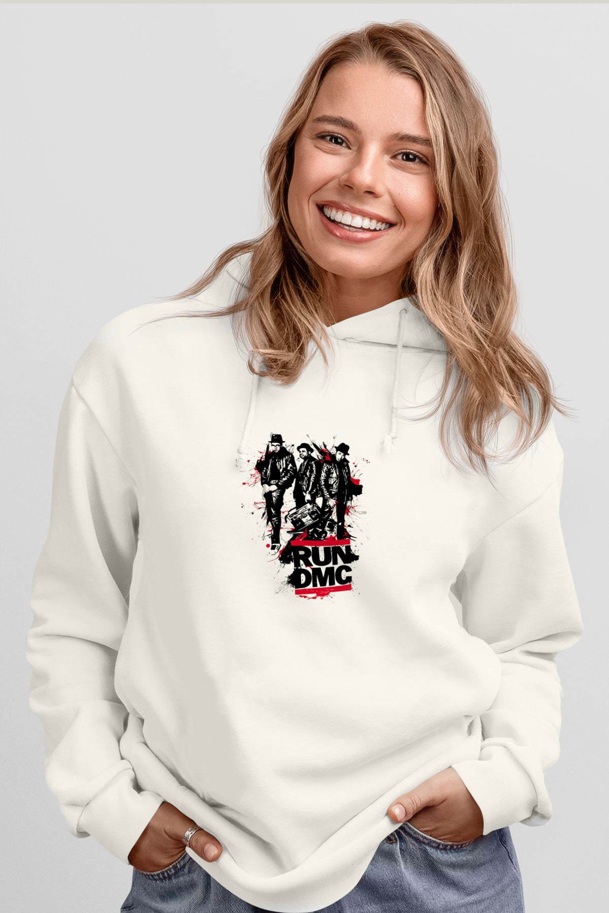 Run DMC Baskılı Unisex Beyaz Kapüşonlu Sweatshirt