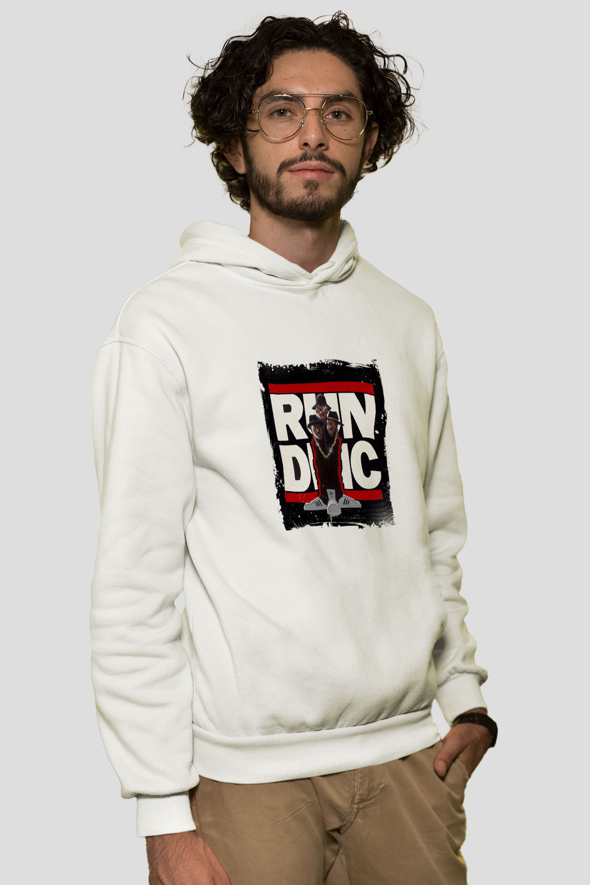 Run DMC Baskılı Unisex Beyaz Kapüşonlu Sweatshirt