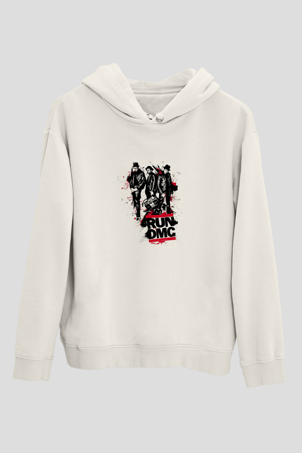 Run DMC Baskılı Unisex Beyaz Kapüşonlu Sweatshirt