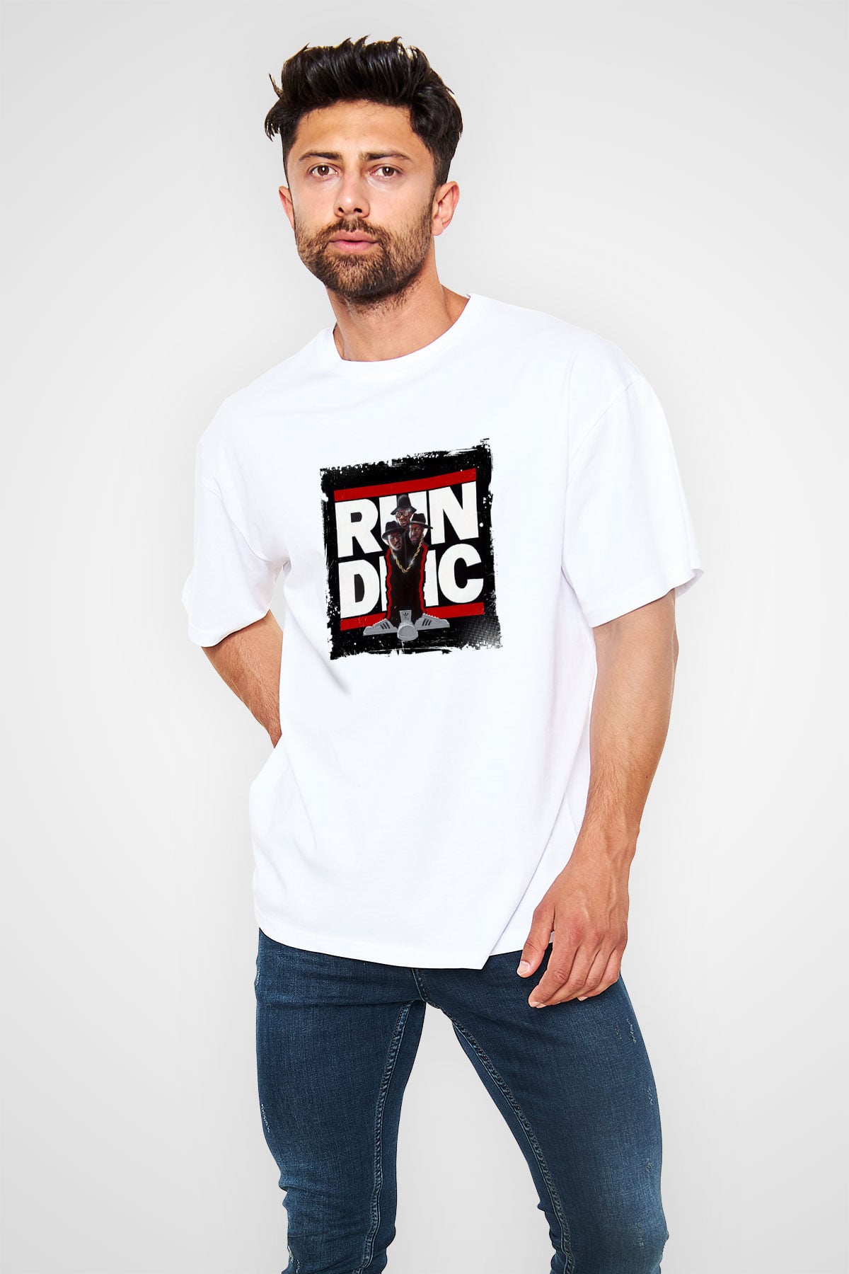 Run DMC Baskılı Oversize Beyaz Tişört