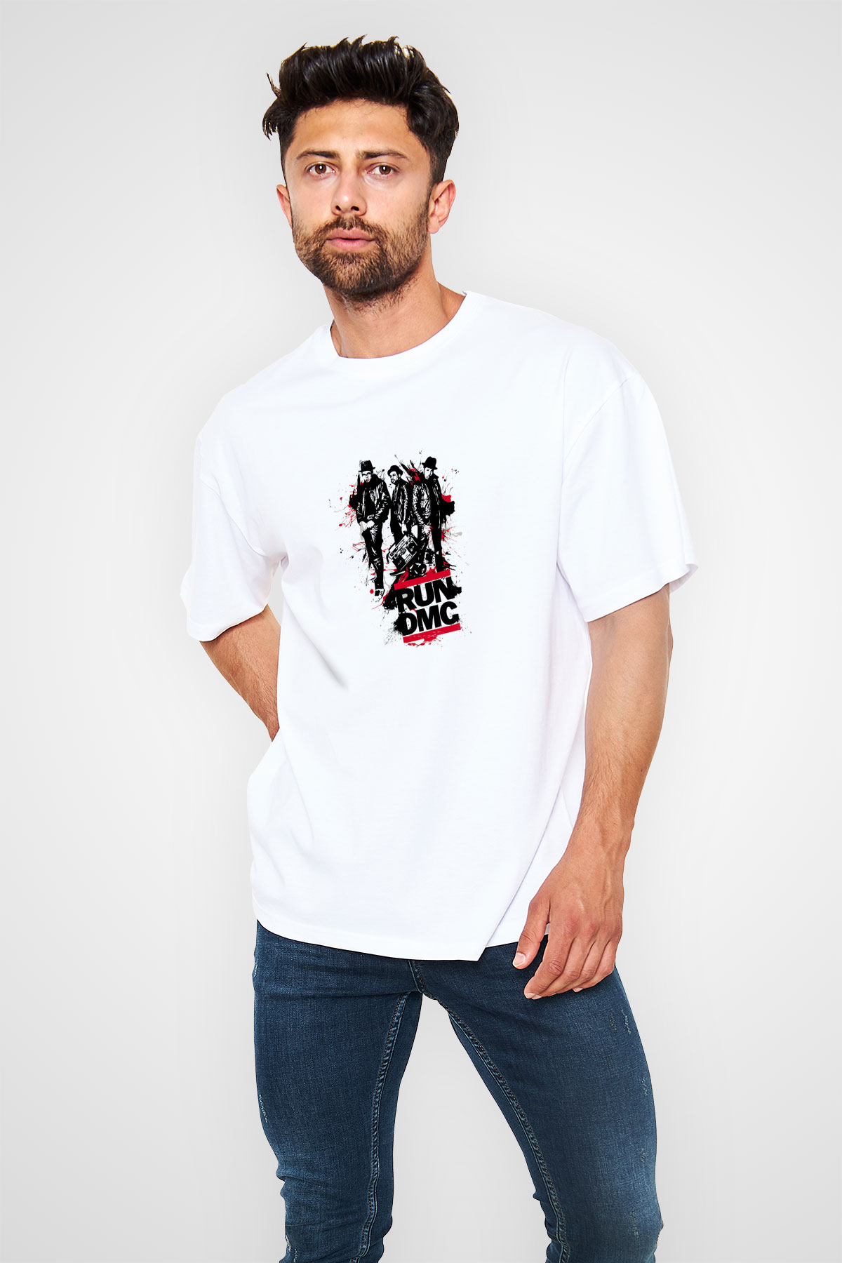 Run DMC Baskılı Oversize Beyaz Tişört