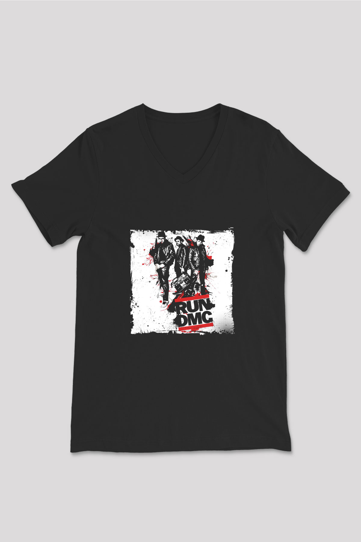 Run DMC Baskılı Unisex Siyah V Yaka Tişört