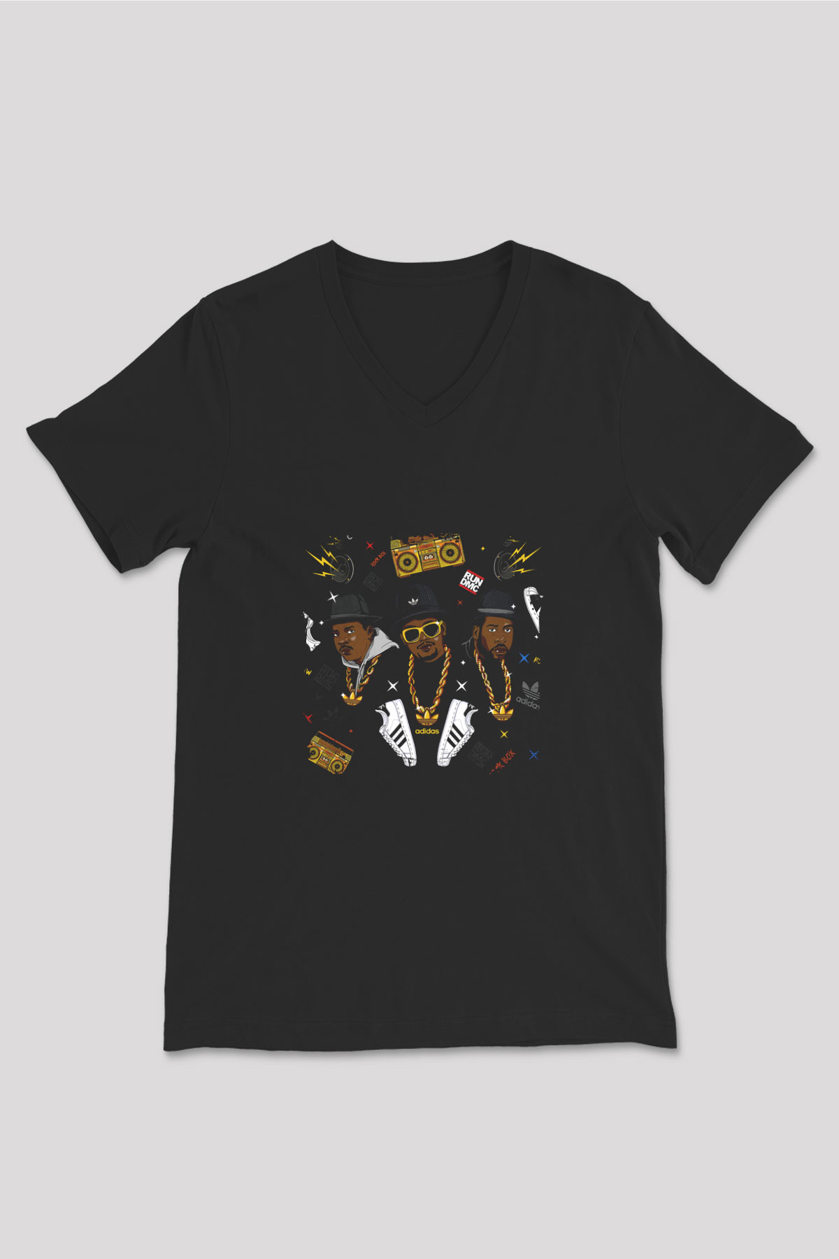 Run DMC Baskılı Unisex Siyah V Yaka Tişört