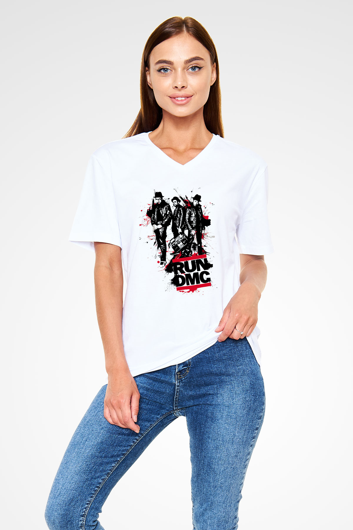 Run DMC Beyaz Unisex V Yaka Tişört T-Shirt