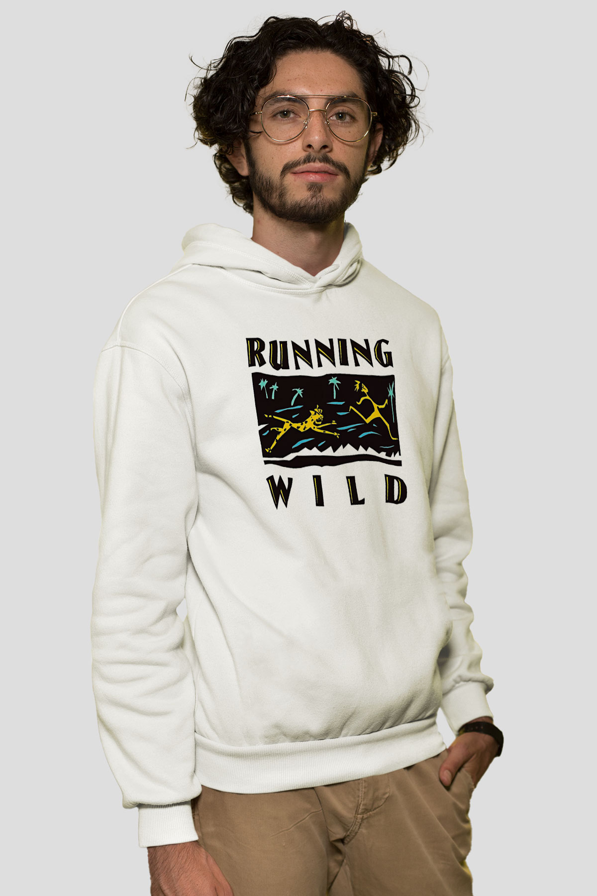 Running Wild Baskılı Beyaz Unisex Kapüşonlu Sweatshirt