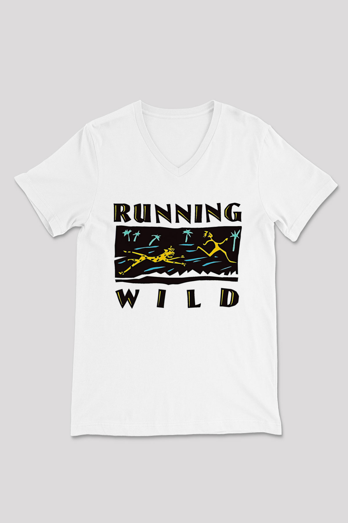 Running Wild Baskılı Beyaz Unisex V Yaka Tişört - Tshirt