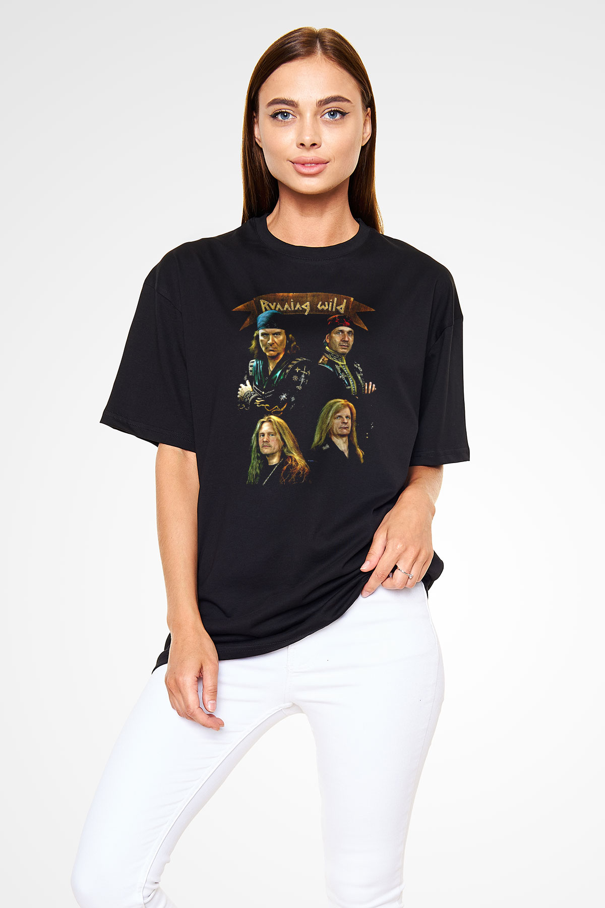 Running Wild Baskılı Unisex Siyah Oversize Tişört - Tshirt