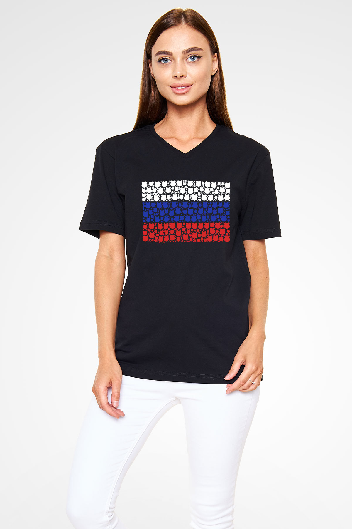 Rusya Siyah Unisex V Yaka Tişört T-Shirt