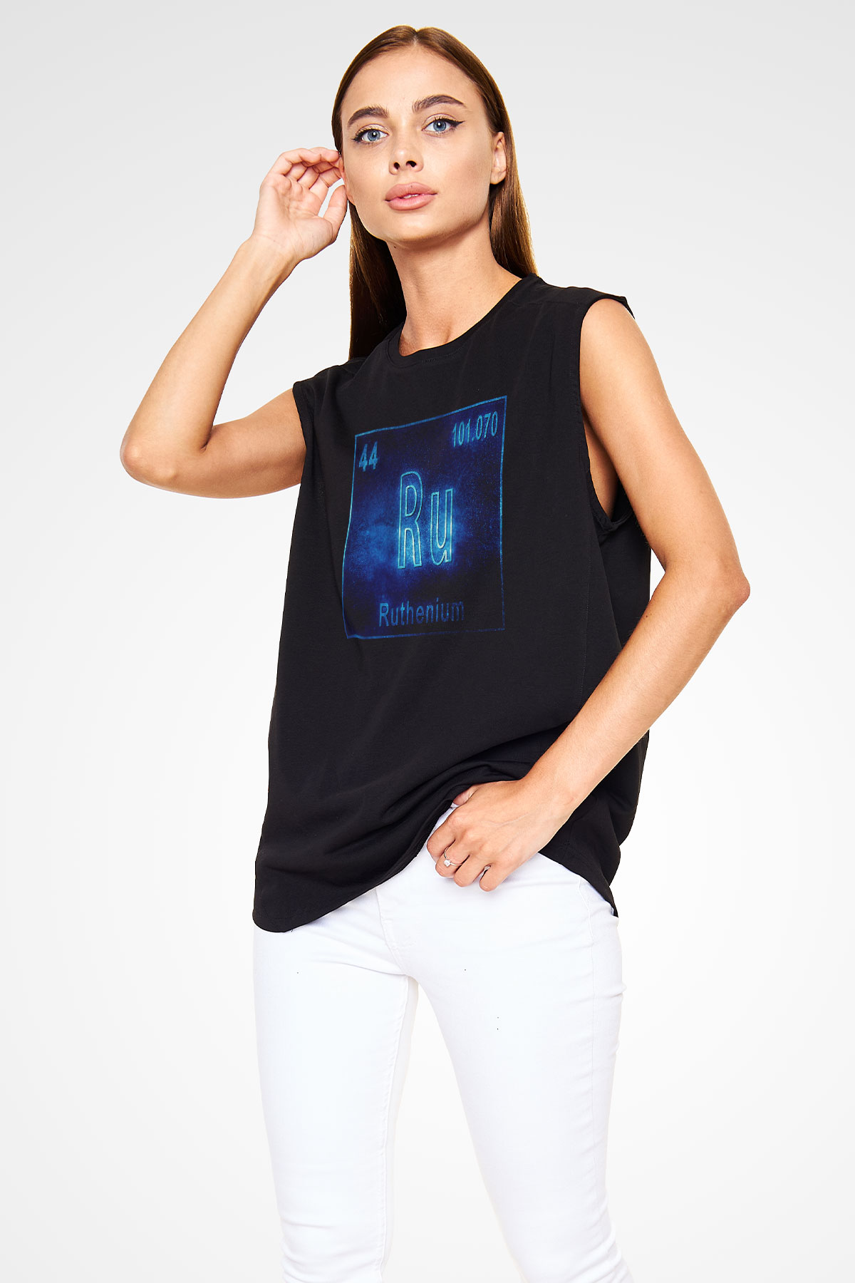 Rutenyum Atom Numarası Baskılı Unisex Siyah Kolsuz Tişört
