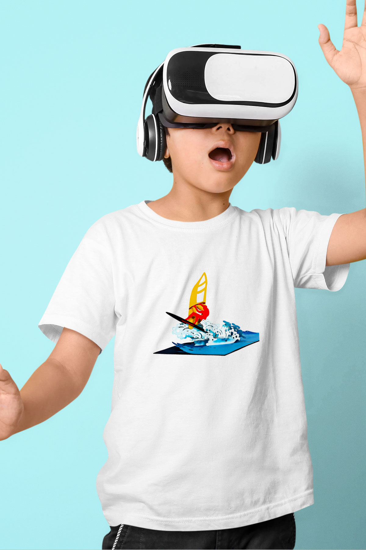 Rüzgar Sörfü Baskılı Unisex Beyaz Çocuk Tişört - Tshirt