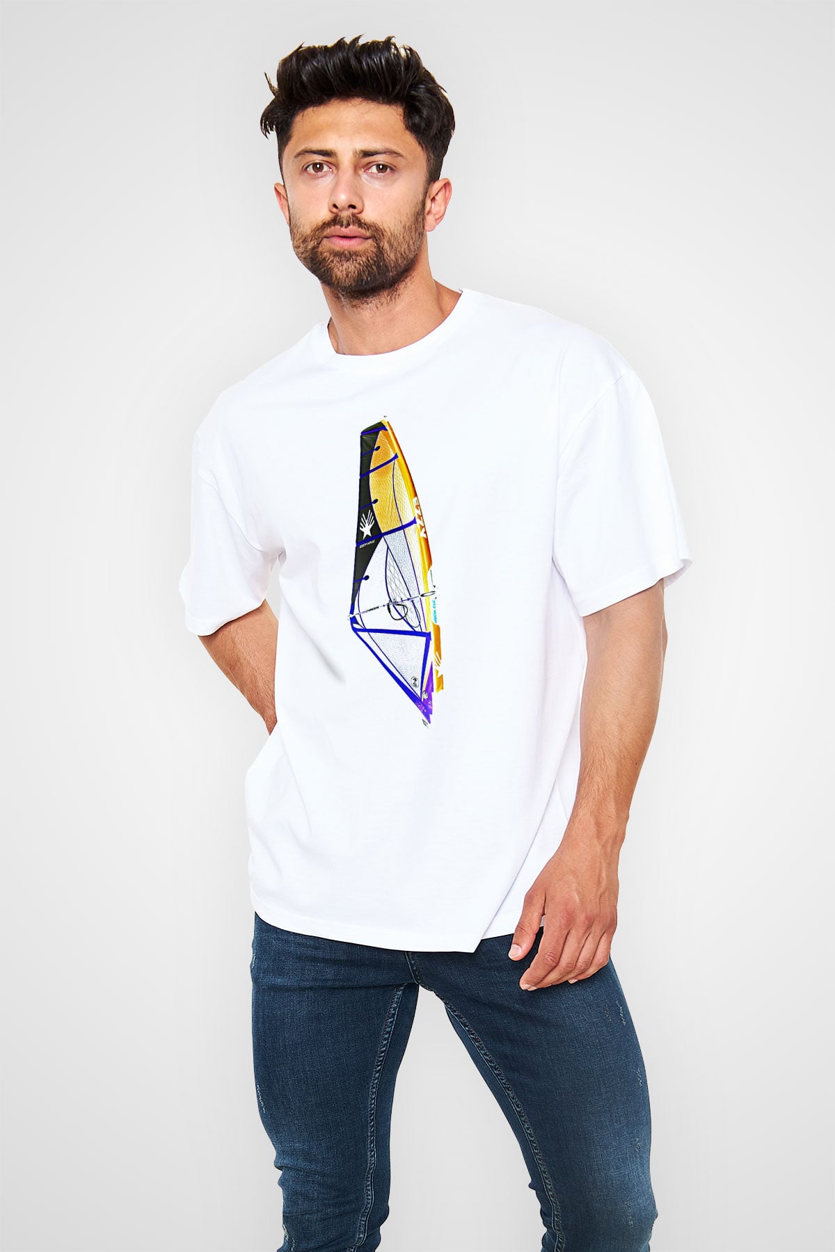 Rüzgar Sörfü Baskılı Unisex Beyaz Oversize Tişört - Tshirt