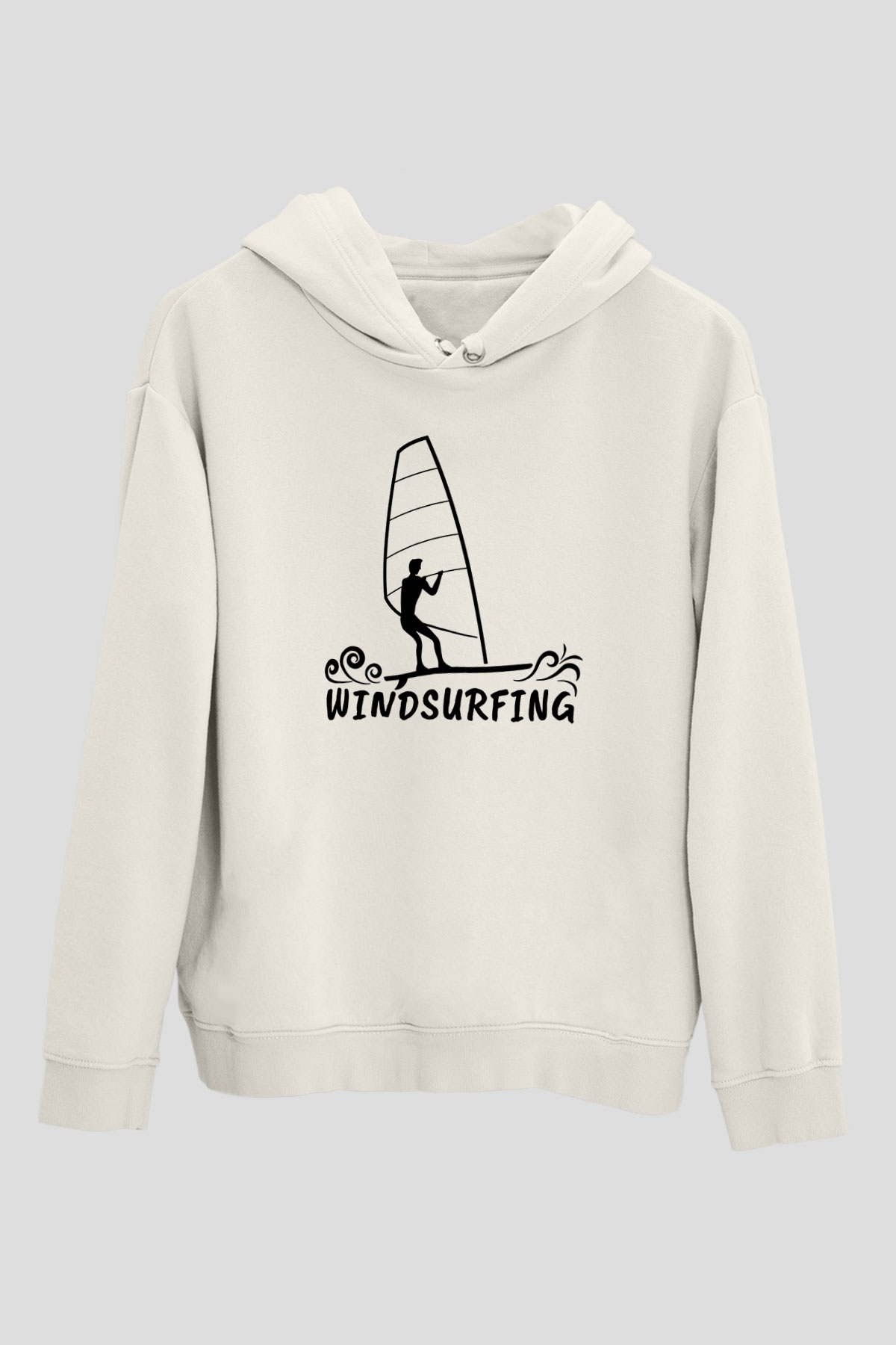 Rüzgar Sörfü Baskılı Unisex Ekru Hoodie