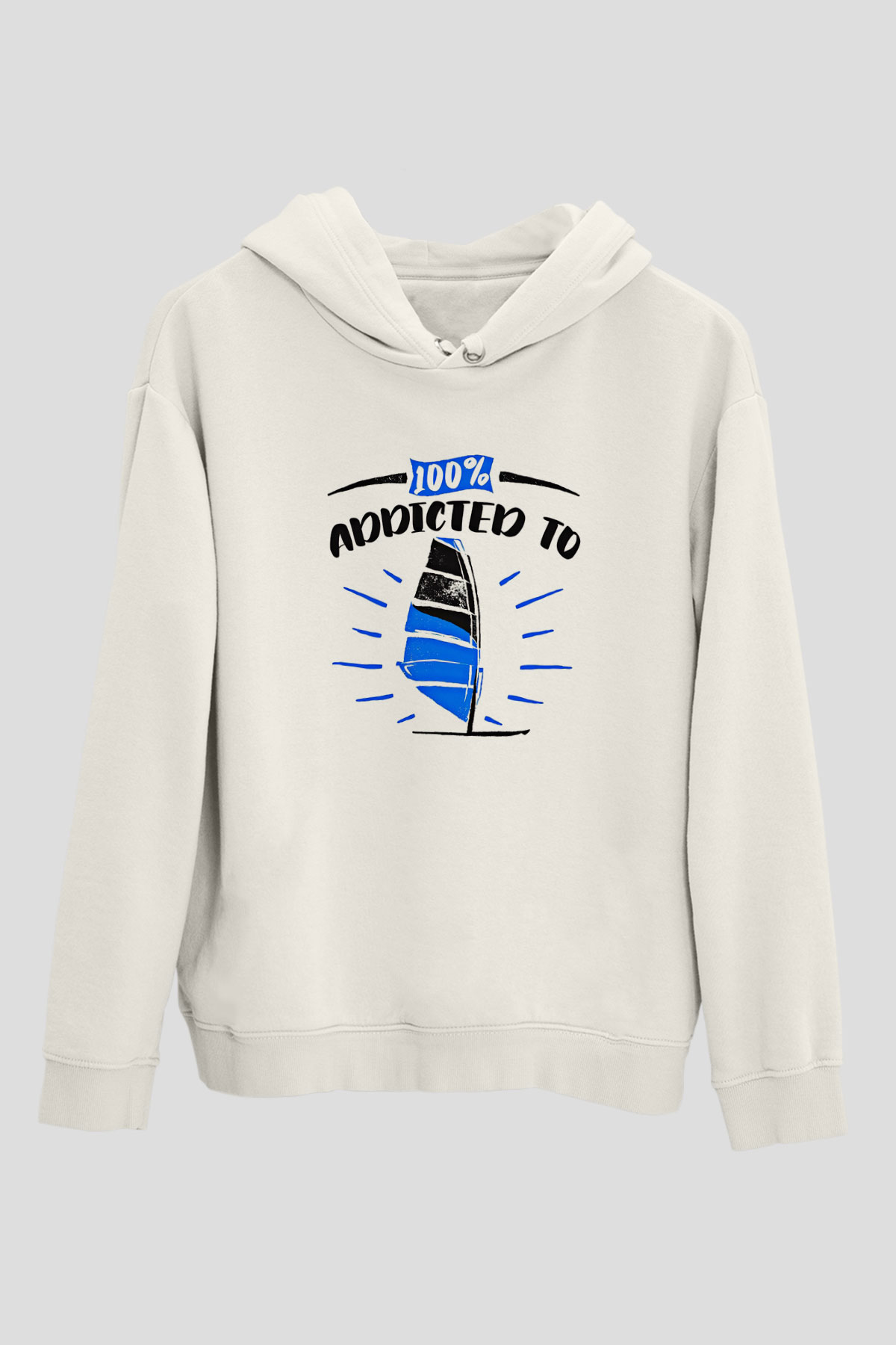 Rüzgar Sörfü Baskılı Unisex Ekru Hoodie