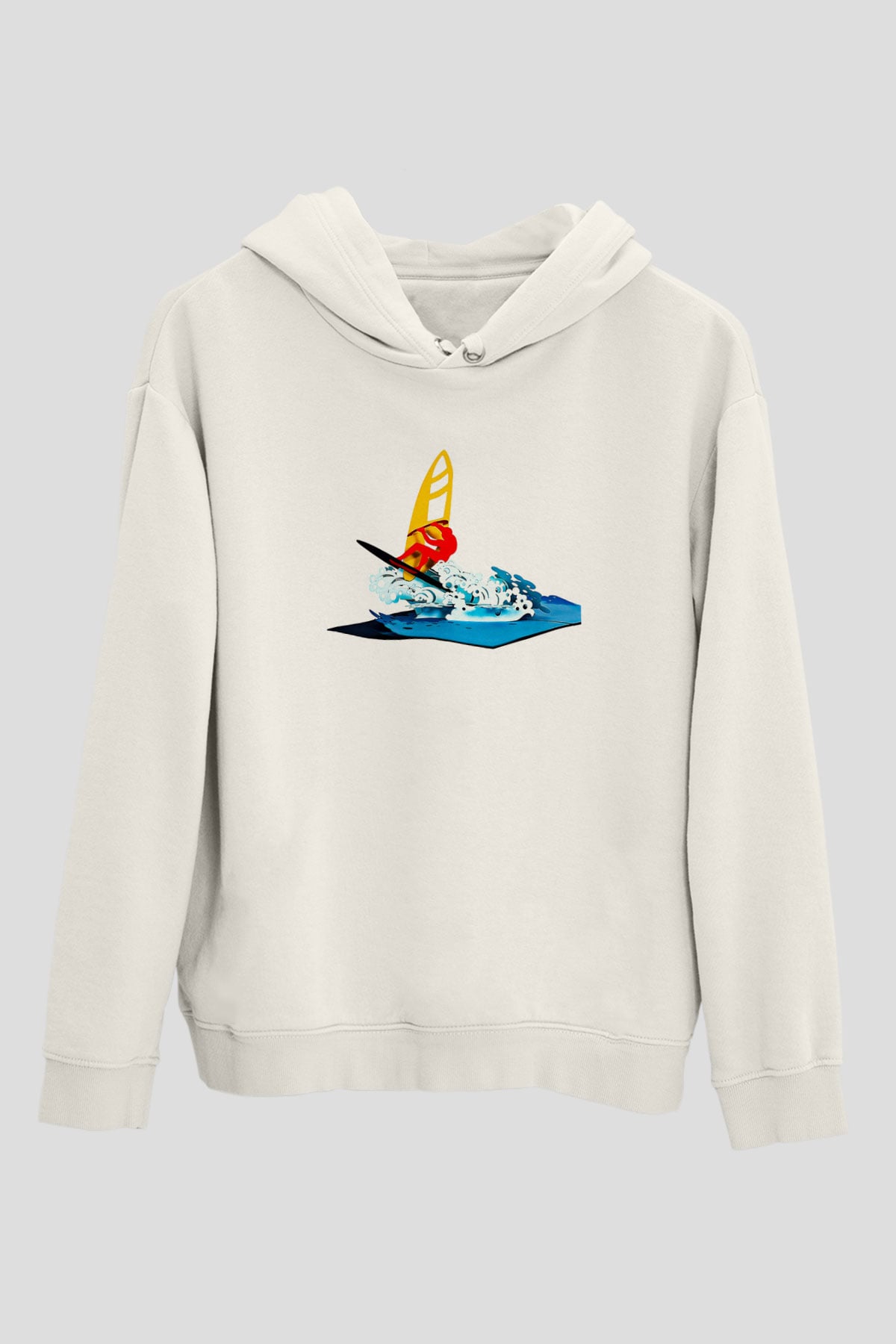 Rüzgar Sörfü Baskılı Unisex Ekru Hoodie