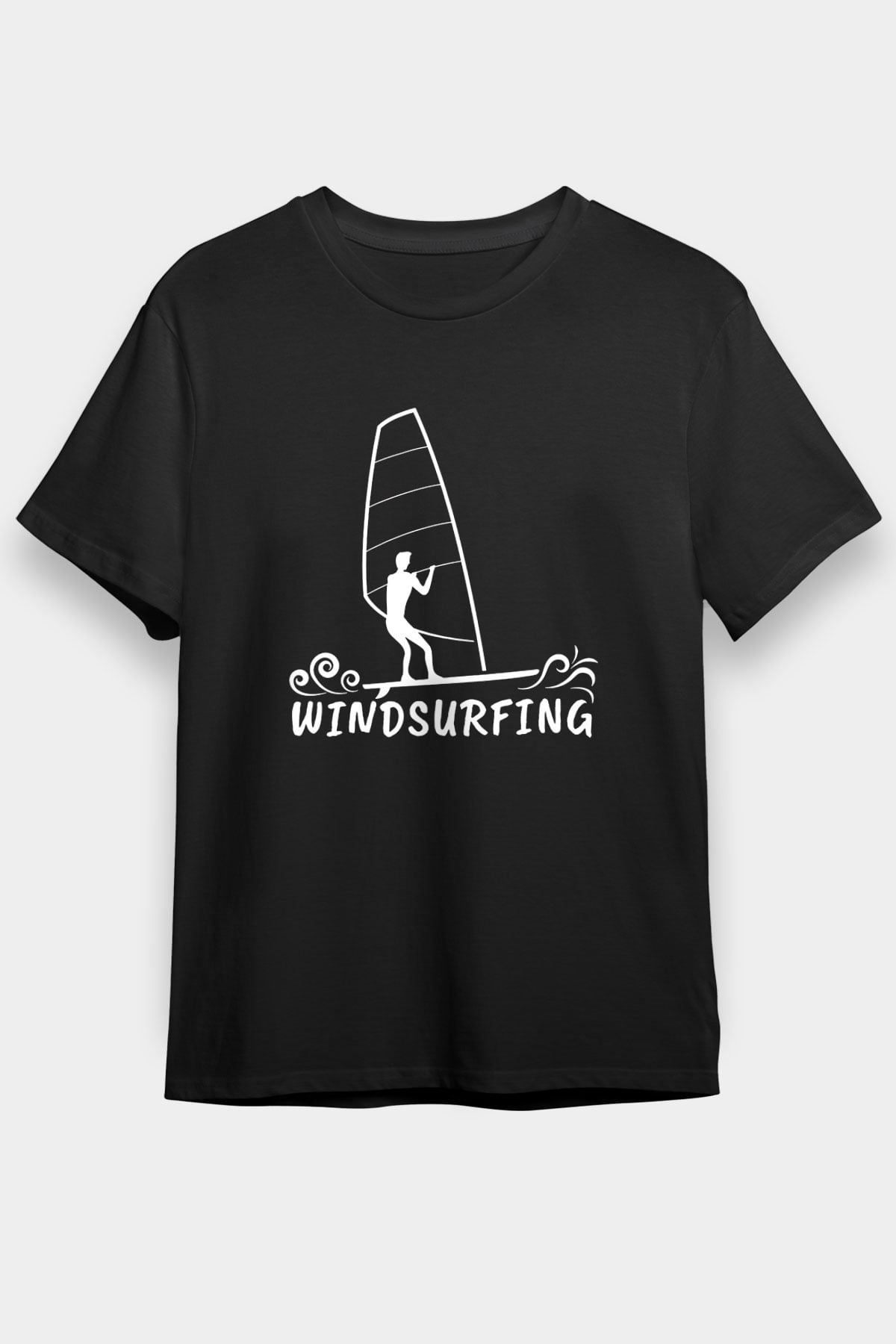Rüzgar Sörfü - Windsurf Baskılı Unisex Siyah Tişört - Tshirt