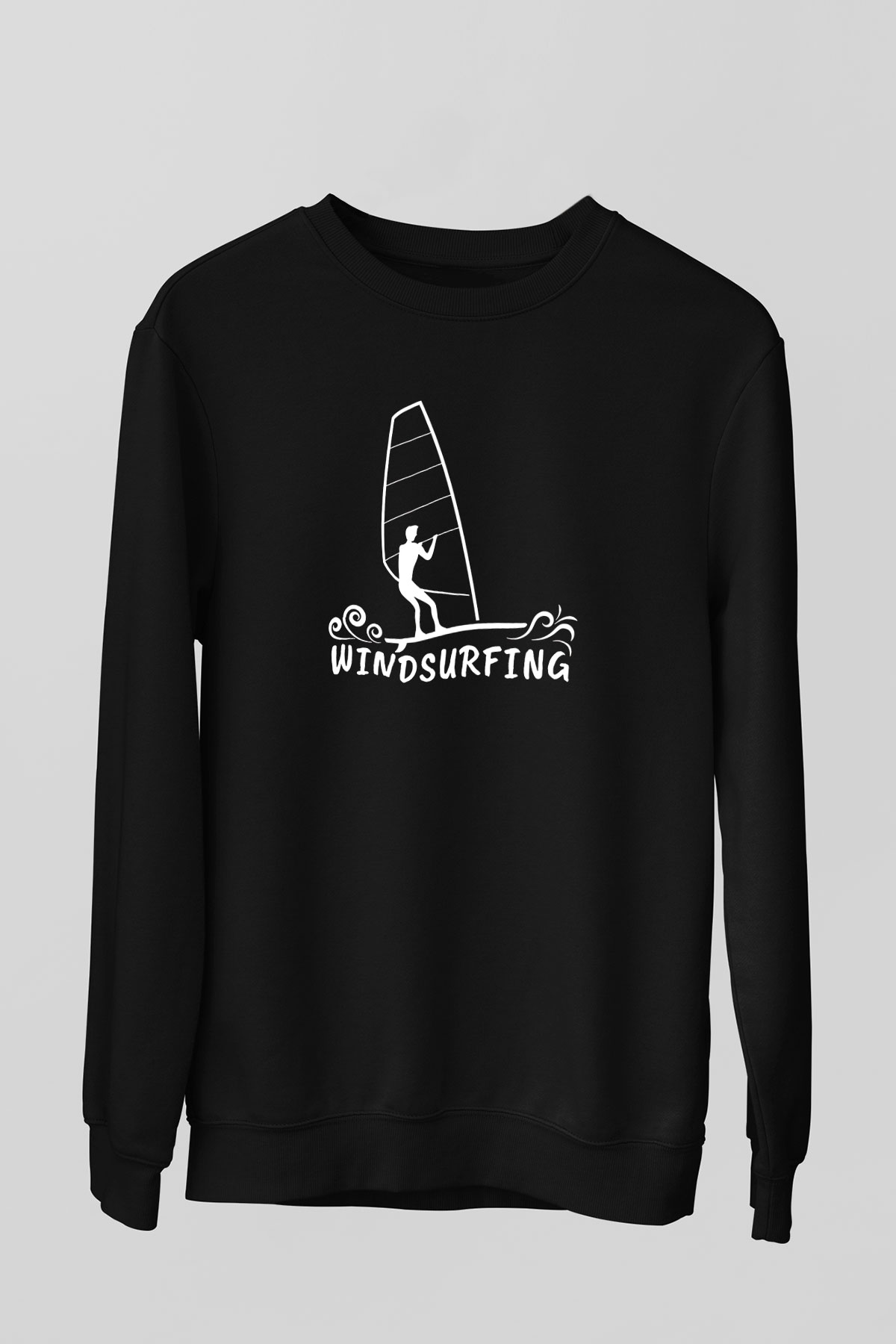 Rüzgar Sörfü - Windsurf Baskılı Unisex Siyah Sweatshirt