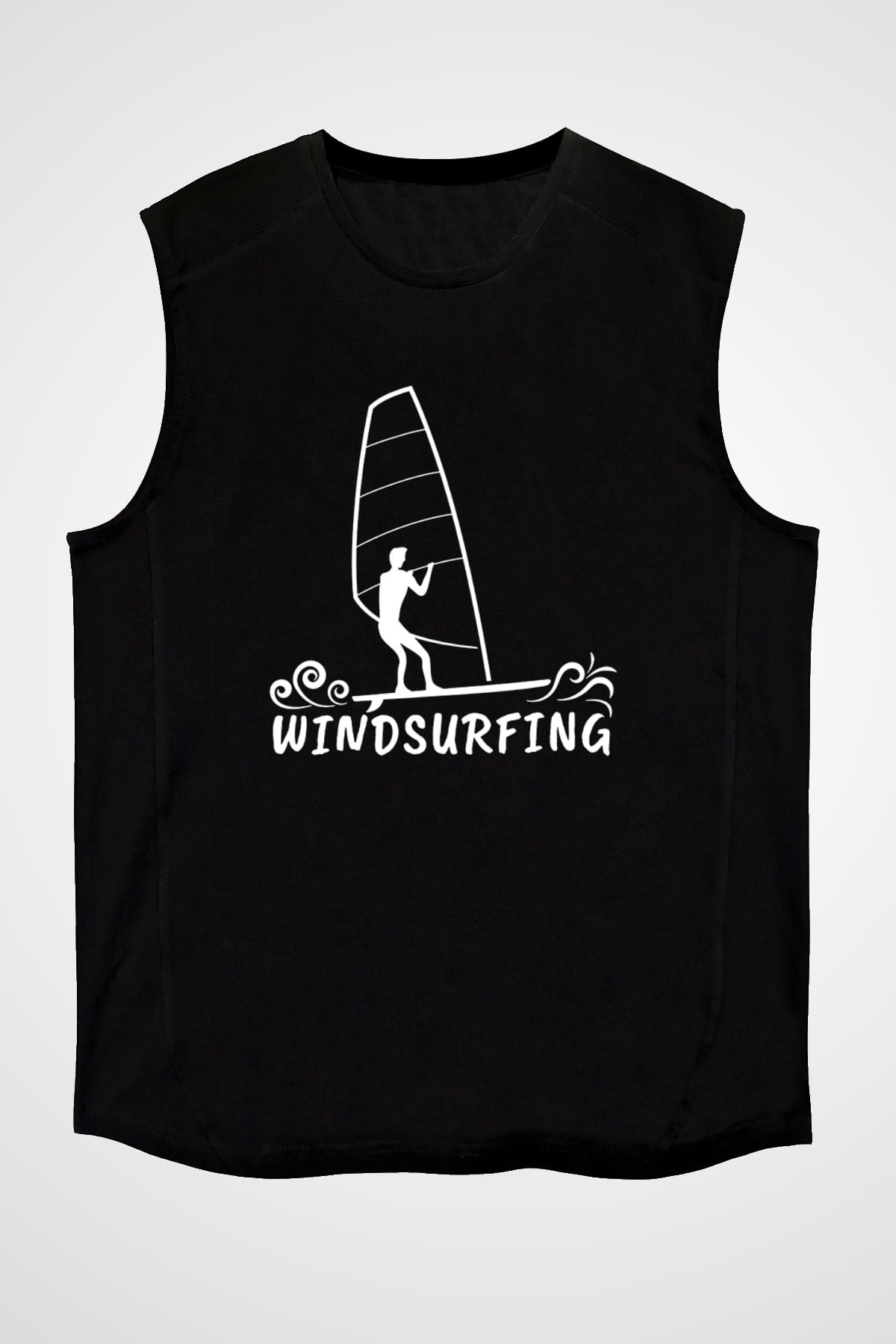Rüzgar Sörfü - Windsurf Baskılı Unisex Siyah Kolsuz Tişört