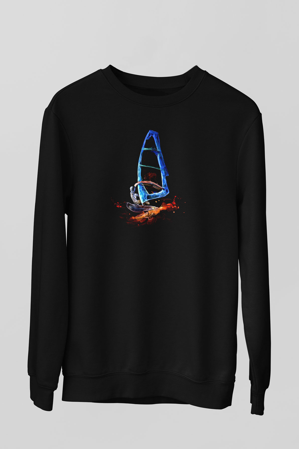 Rüzgar Sörfü - Windsurf Baskılı Unisex Siyah Sweatshirt