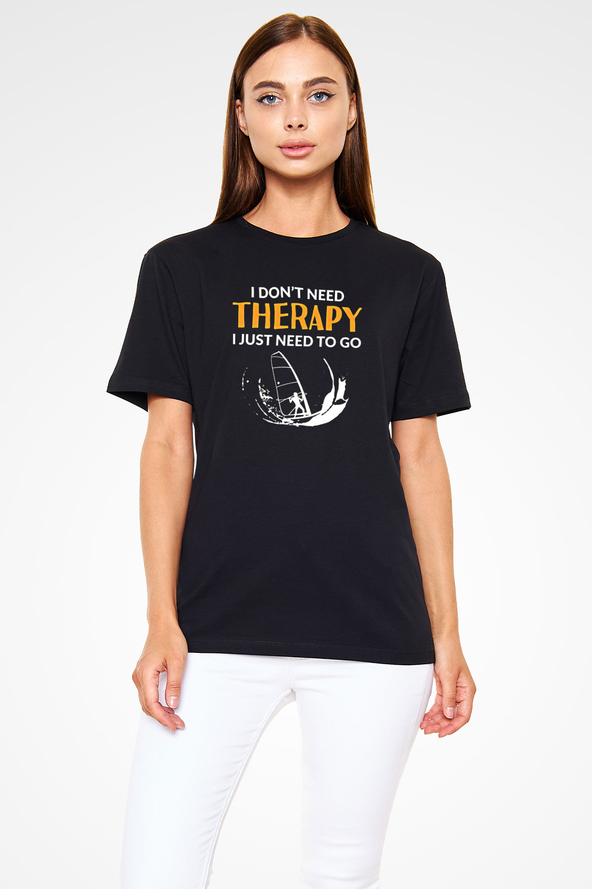 Rüzgar Sörfü - Windsurf Baskılı Unisex Siyah Tişört - Tshirt