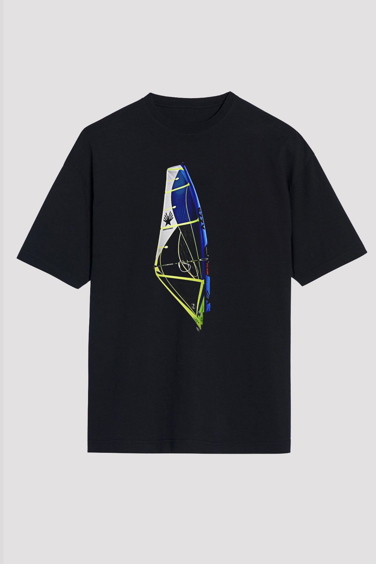 Rüzgar Sörfü - Windsurf Baskılı Unisex Siyah Oversize Tişört