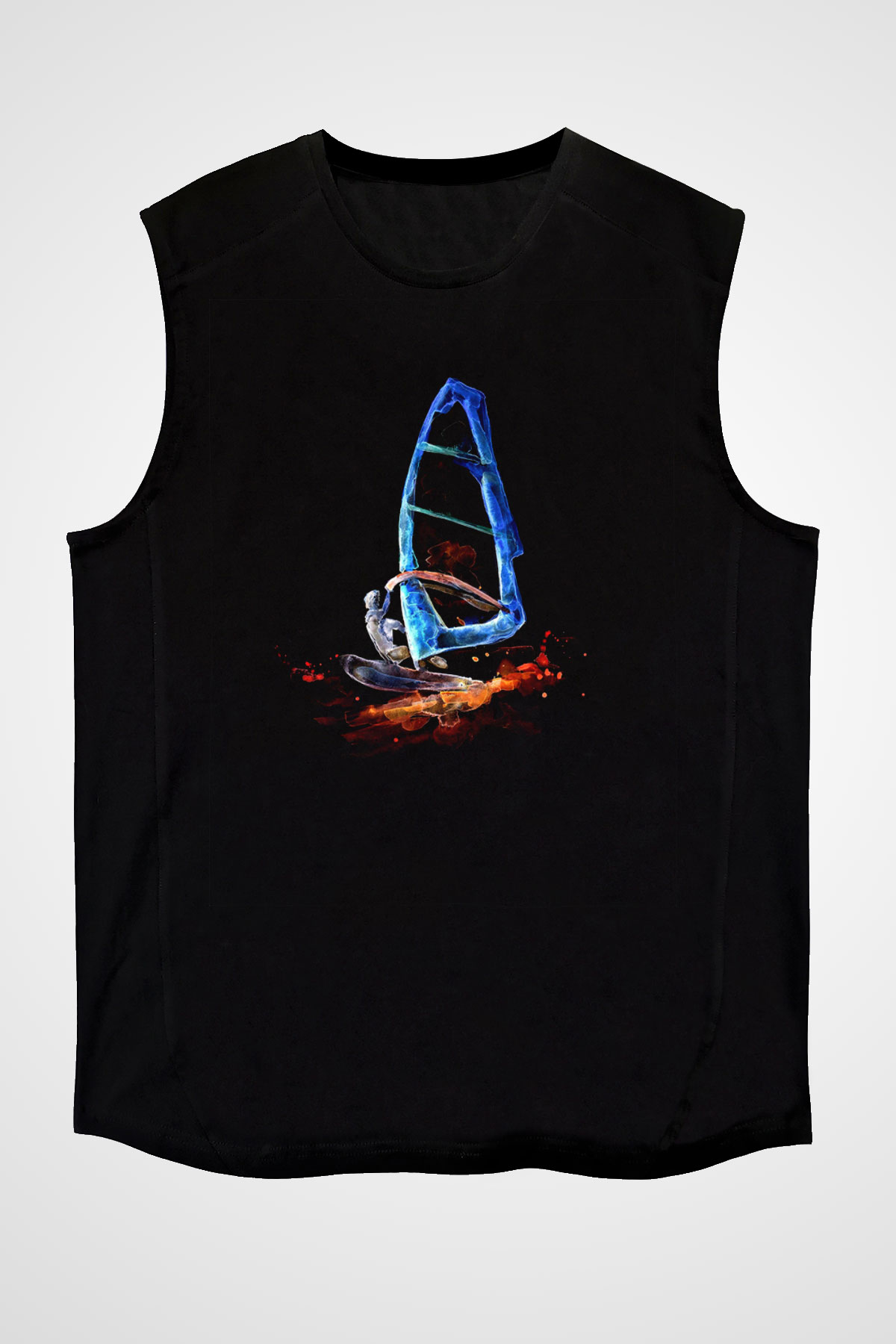 Rüzgar Sörfü - Windsurf Baskılı Unisex Siyah Kolsuz Tişört