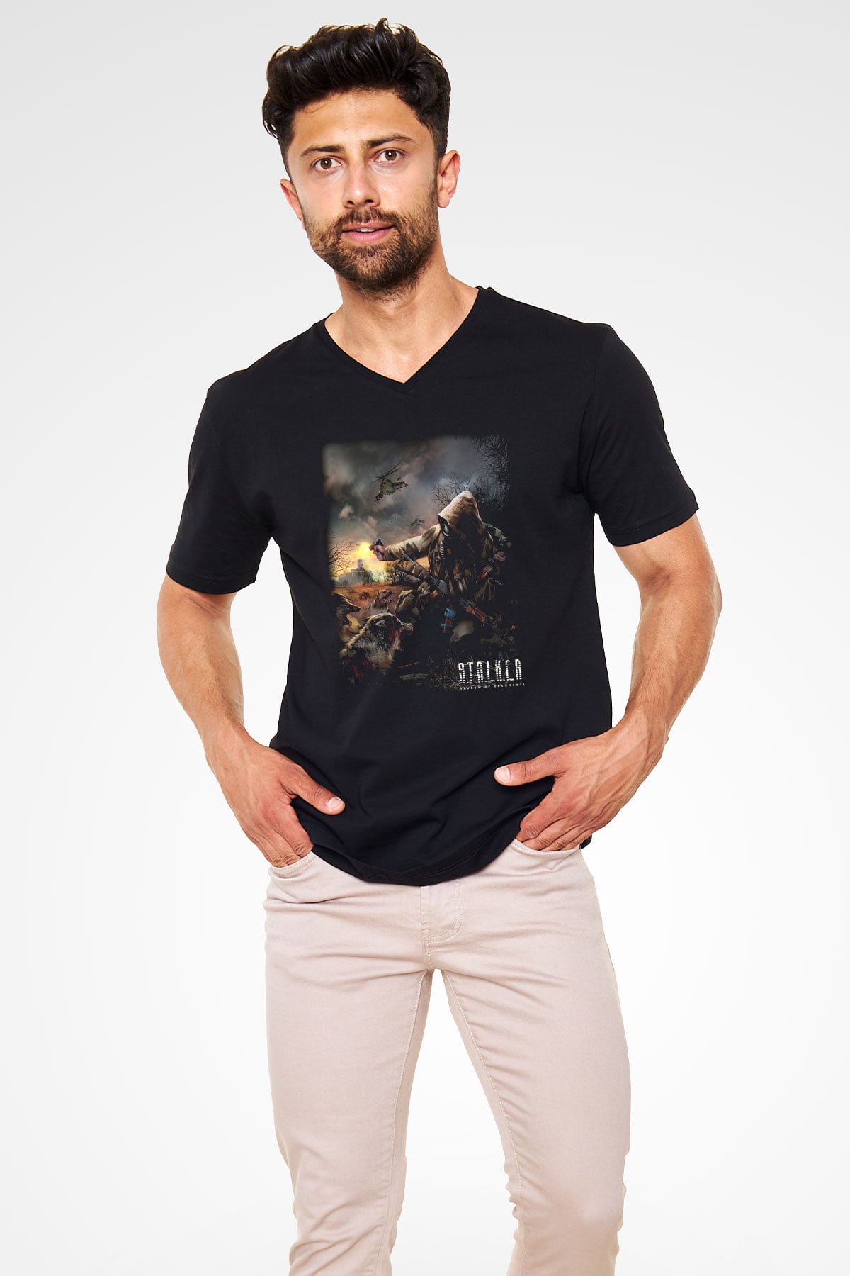 S.T.A.L.K.E.R. Siyah Unisex V Yaka Tişört T-Shirt