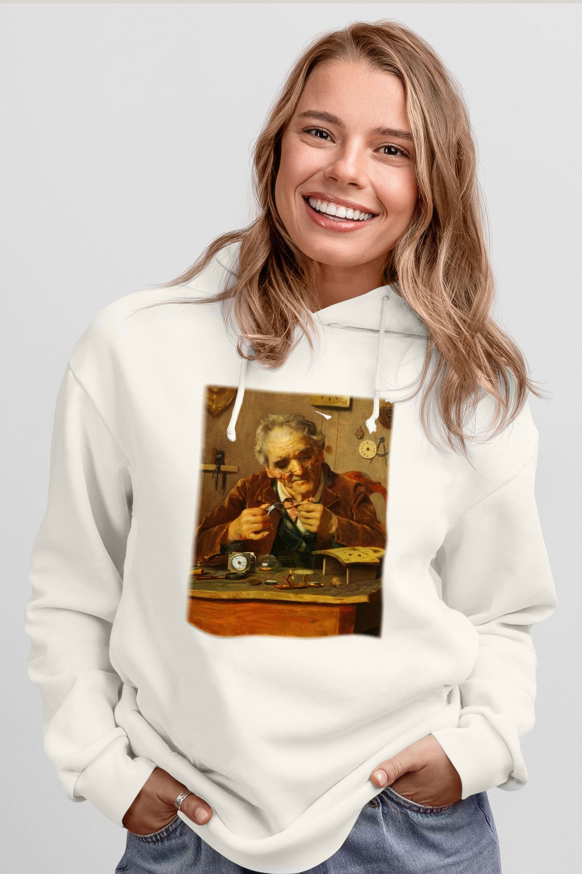 Saatçi Beyaz Unisex Hoodie