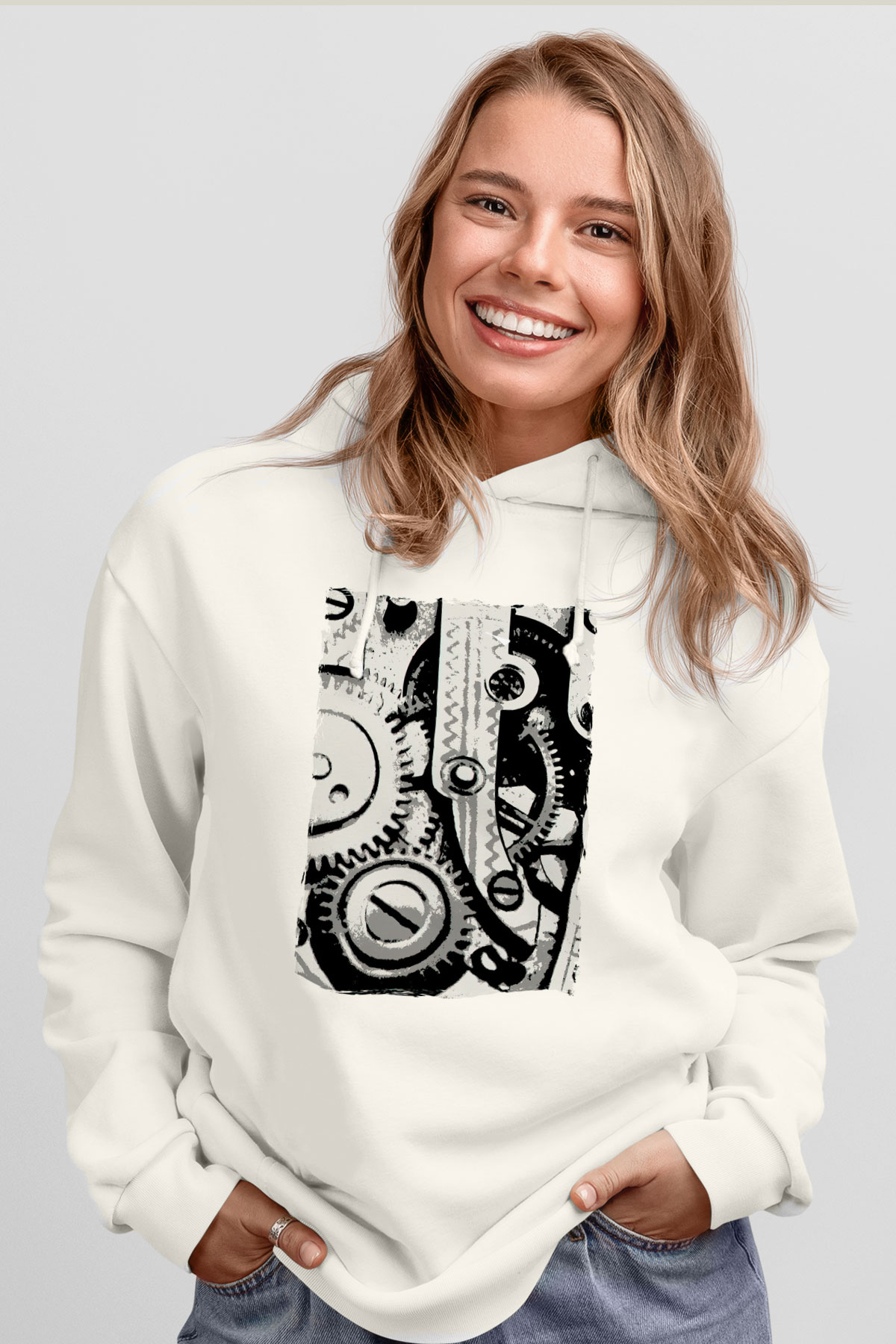 Saatçi Beyaz Unisex Kapüşonlu Sweatshirt