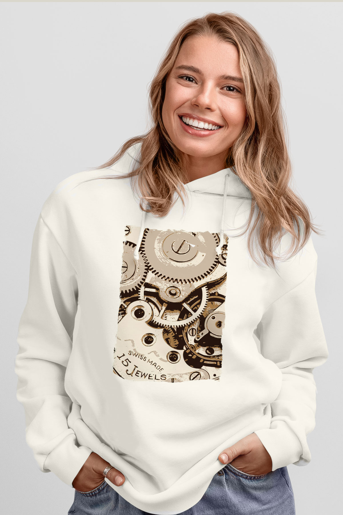 Saatçi Beyaz Unisex Kapüşonlu Sweatshirt