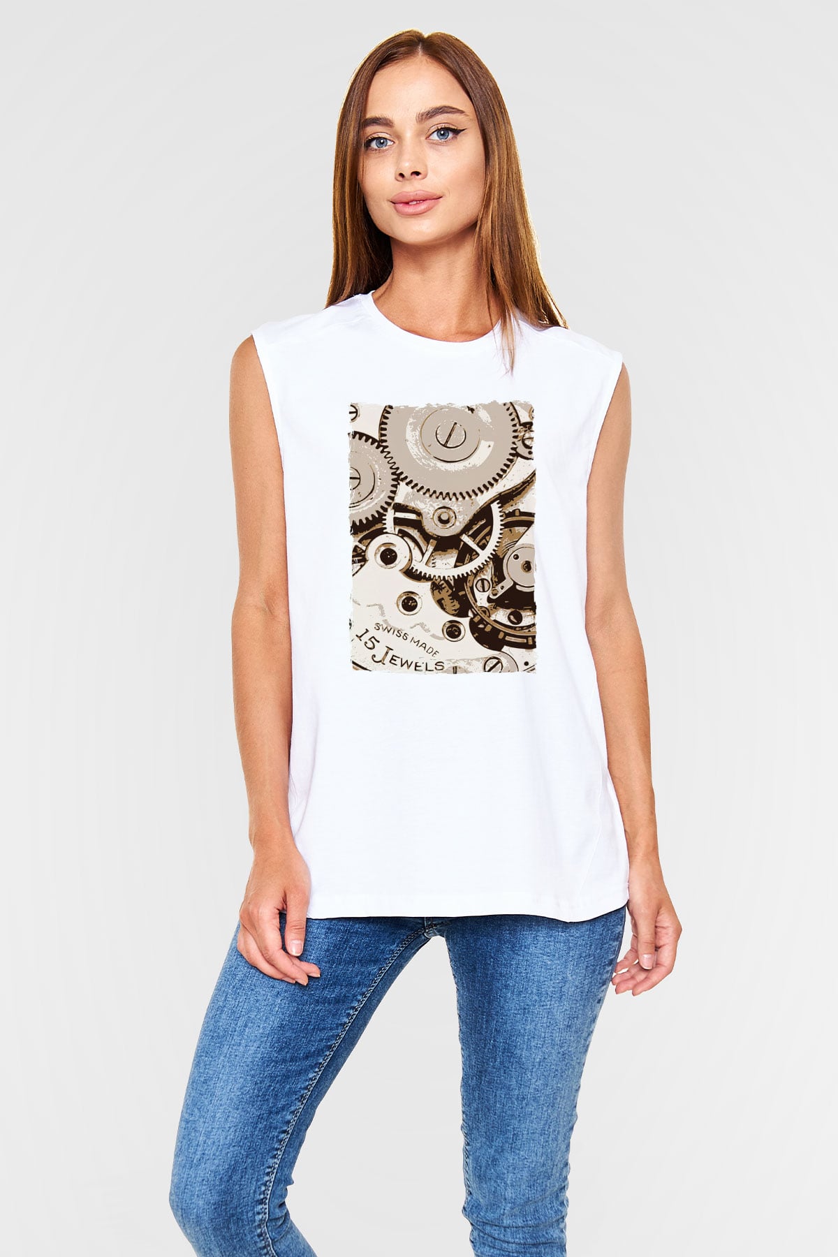 Saatçi Beyaz Unisex Kolsuz Tişört