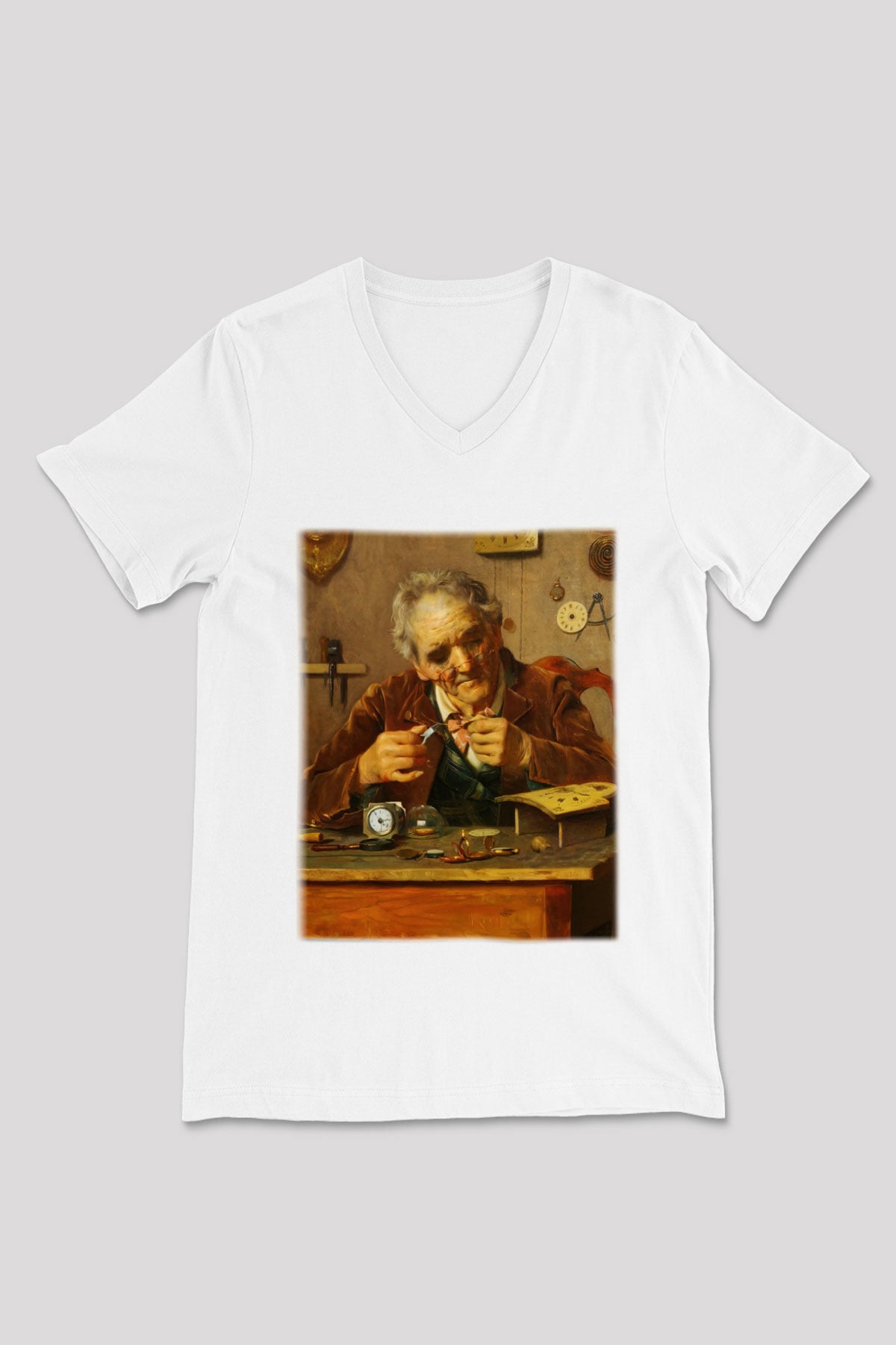 Saatçi Beyaz Unisex V Yaka Tişört T-Shirt