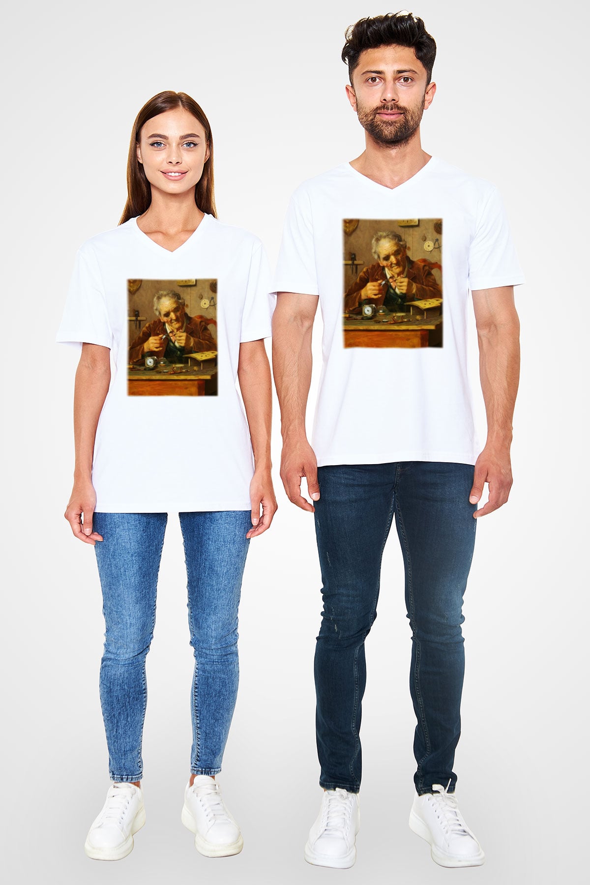 Saatçi Beyaz Unisex V Yaka Tişört T-Shirt
