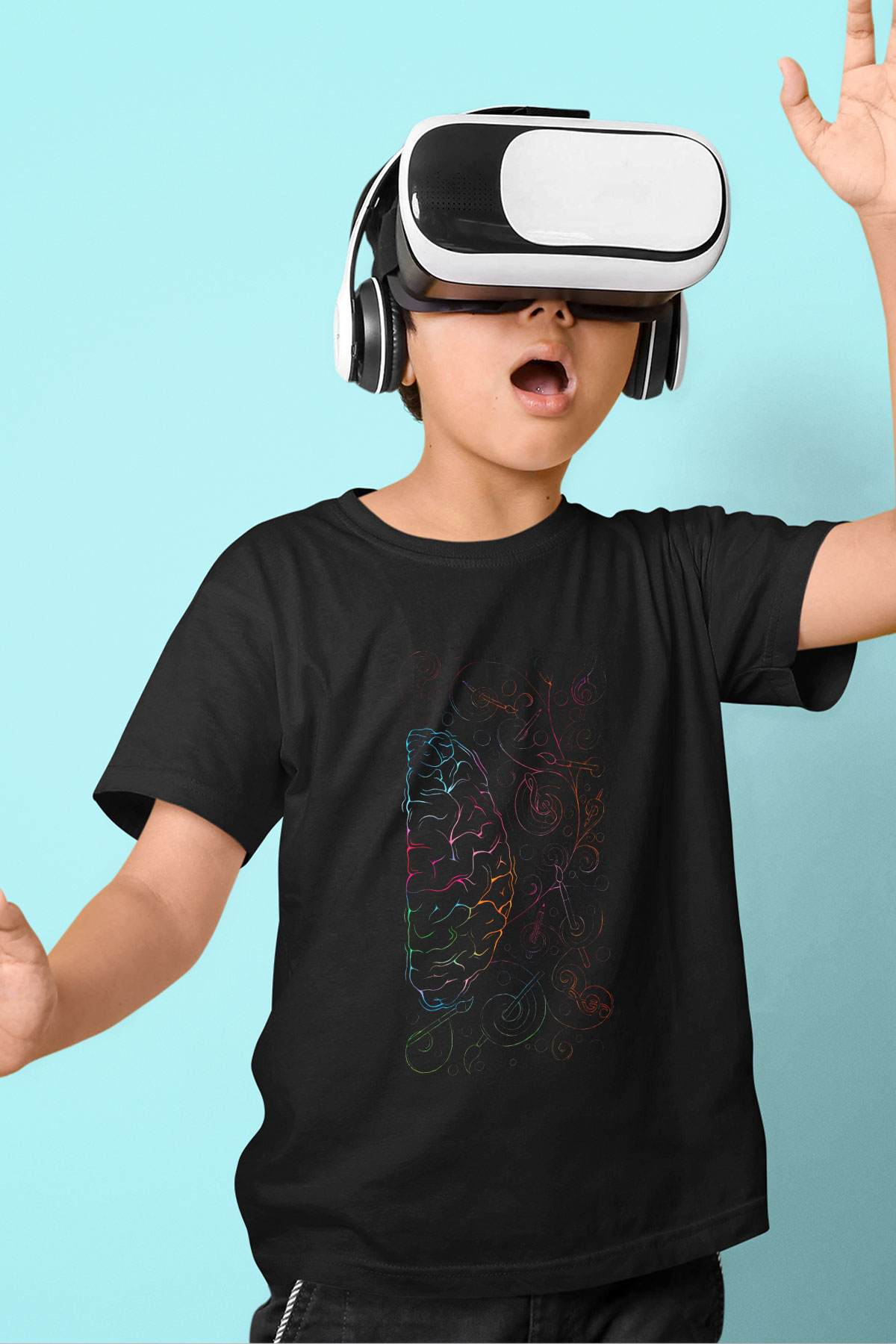 Sağ Beyin Sanat Müzik Baskılı Unisex Siyah Çocuk Tişört