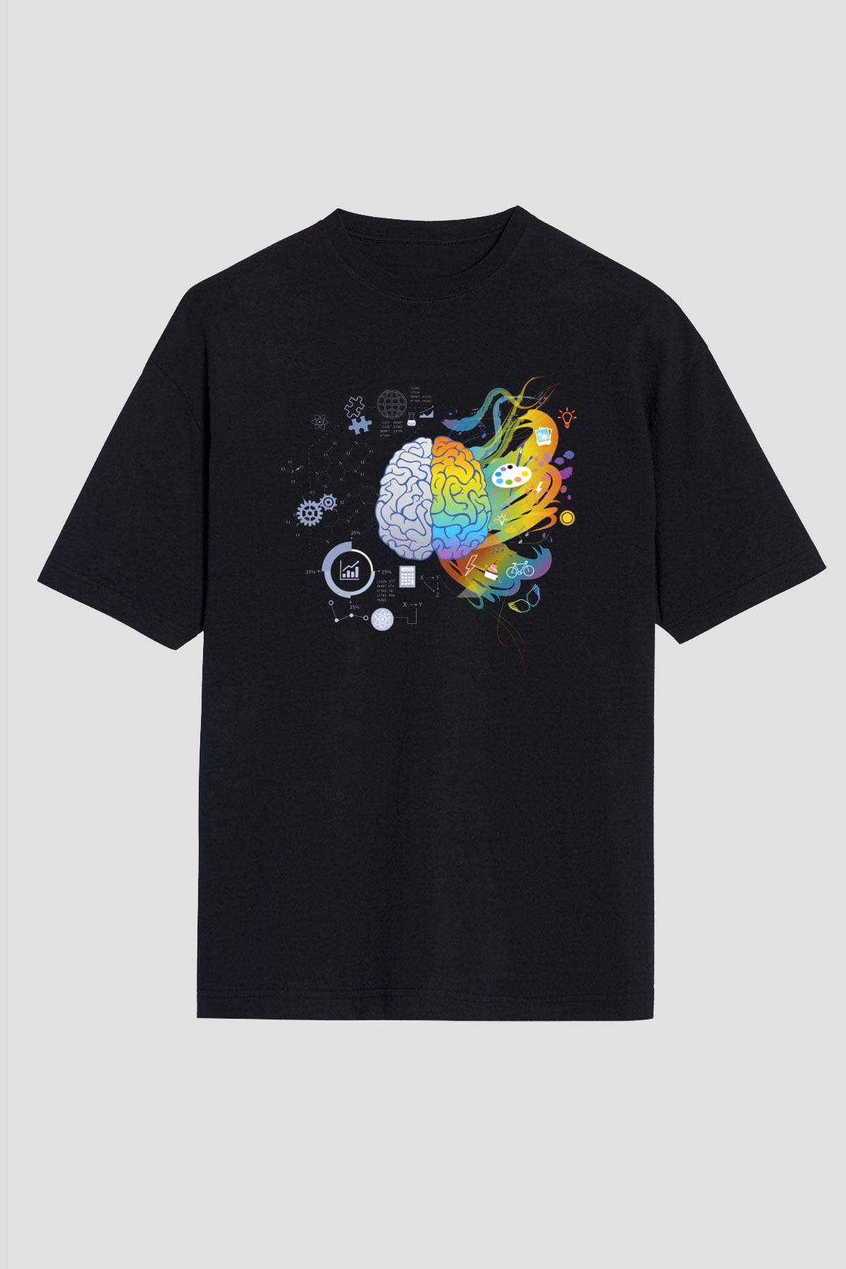 Sağ Beyin Sol Beyin Baskılı Unisex Siyah Oversize Tişört