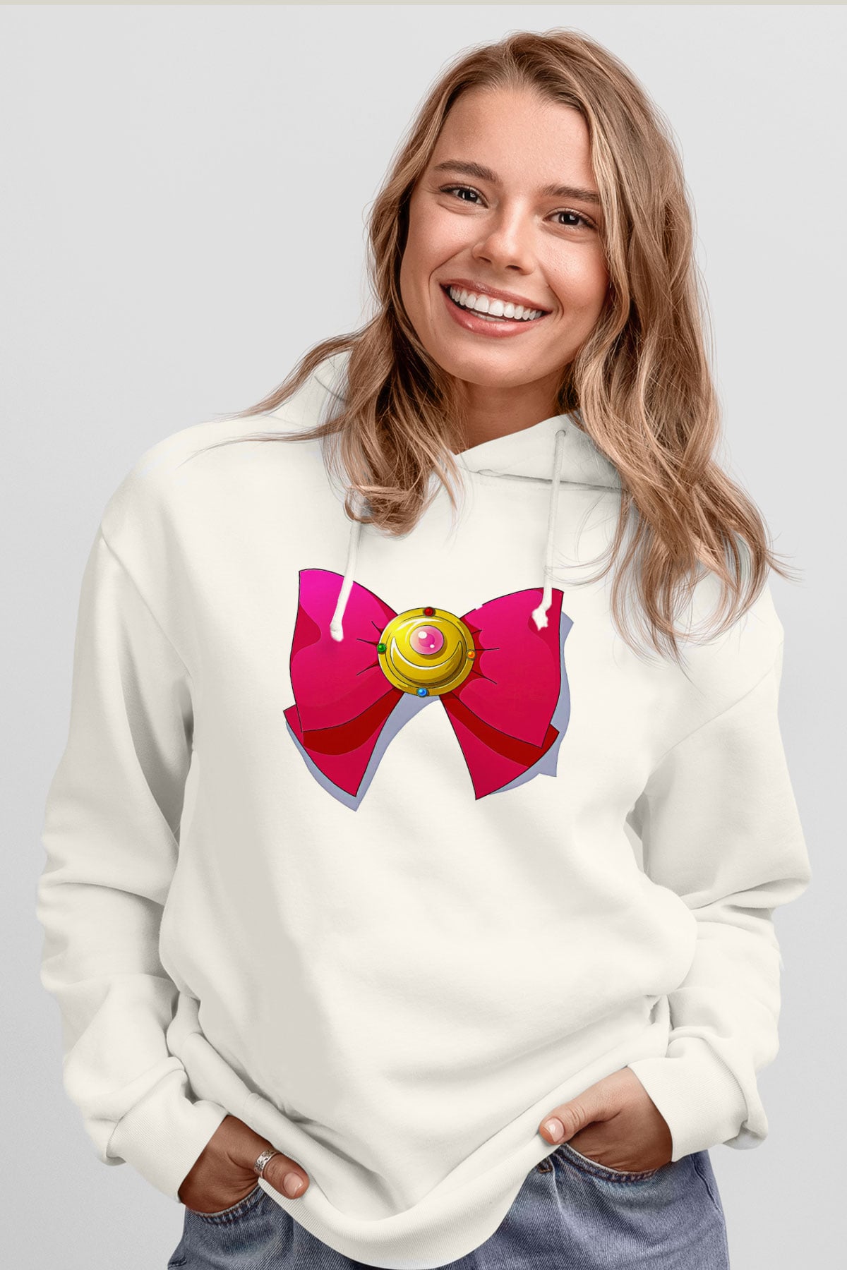 Sailor Moon Baskılı Beyaz Unisex Hoodie