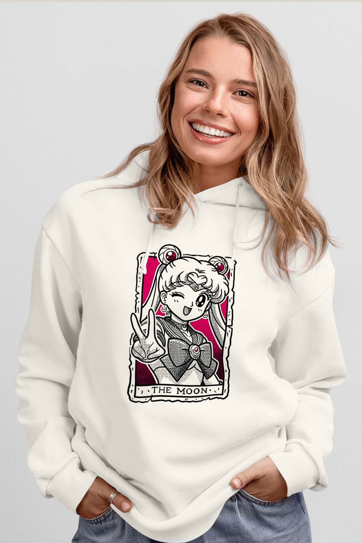 Sailor Moon Baskılı Beyaz Unisex Hoodie