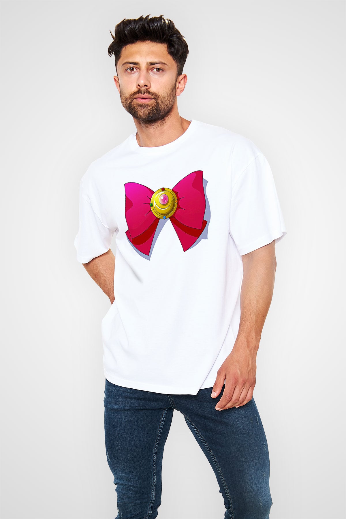 Sailor Moon Baskılı Beyaz Unisex Oversize Tişört - Tshirt