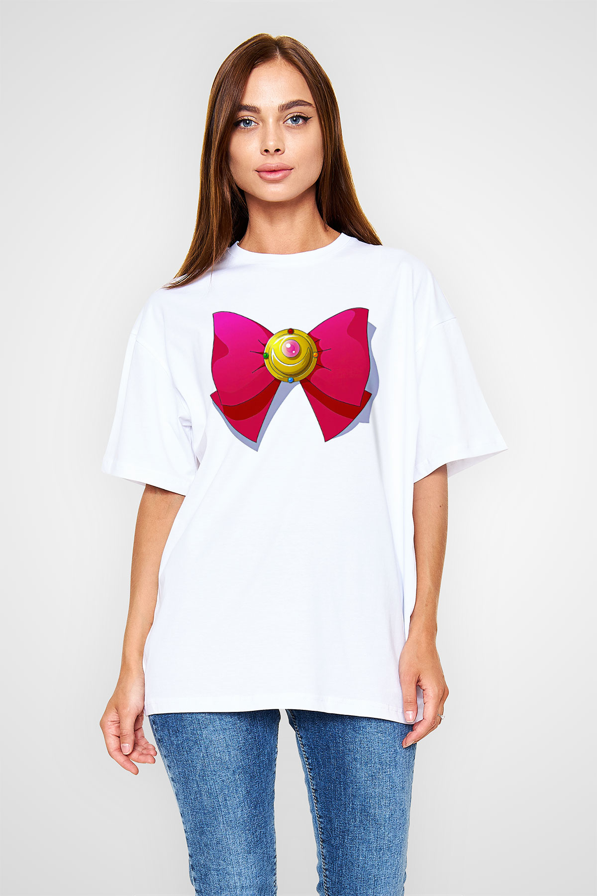 Sailor Moon Baskılı Beyaz Unisex Oversize Tişört - Tshirt