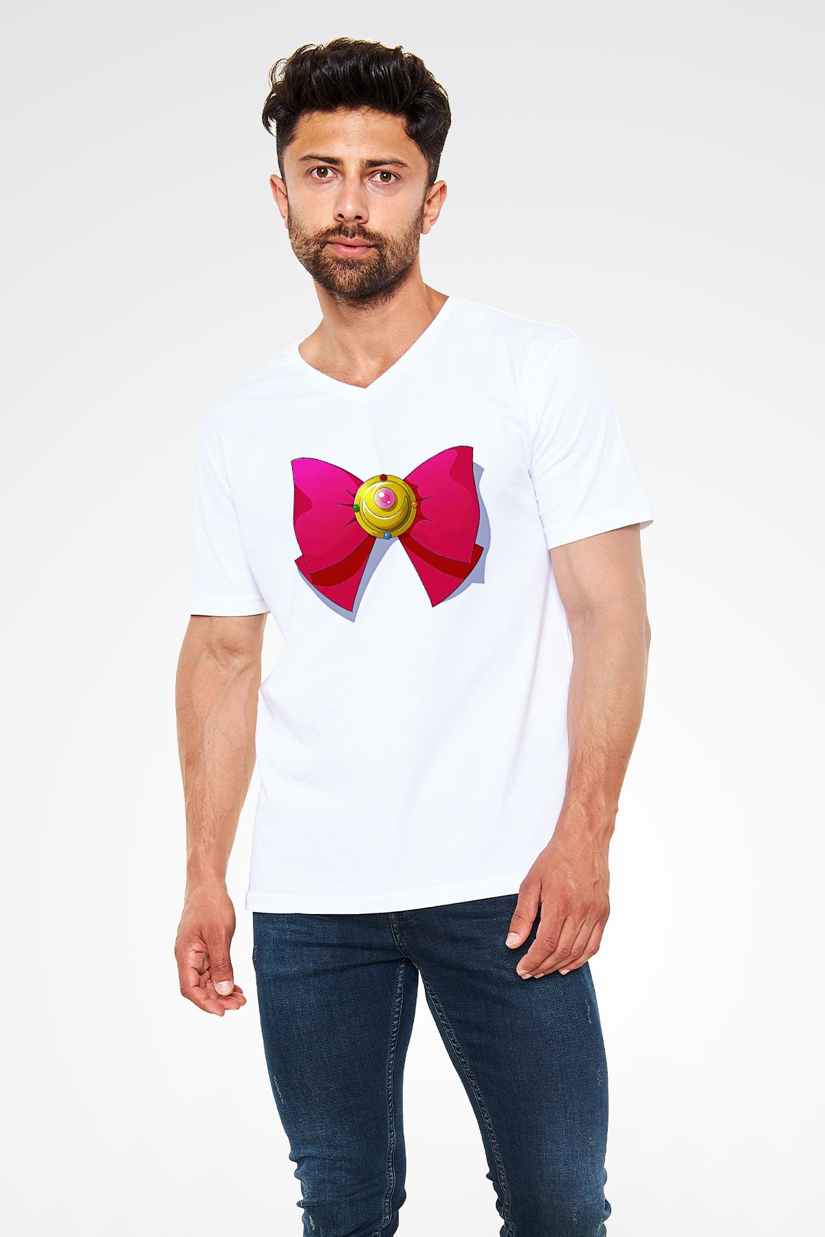 Sailor Moon Baskılı Beyaz Unisex V Yaka Tişört - Tshirt