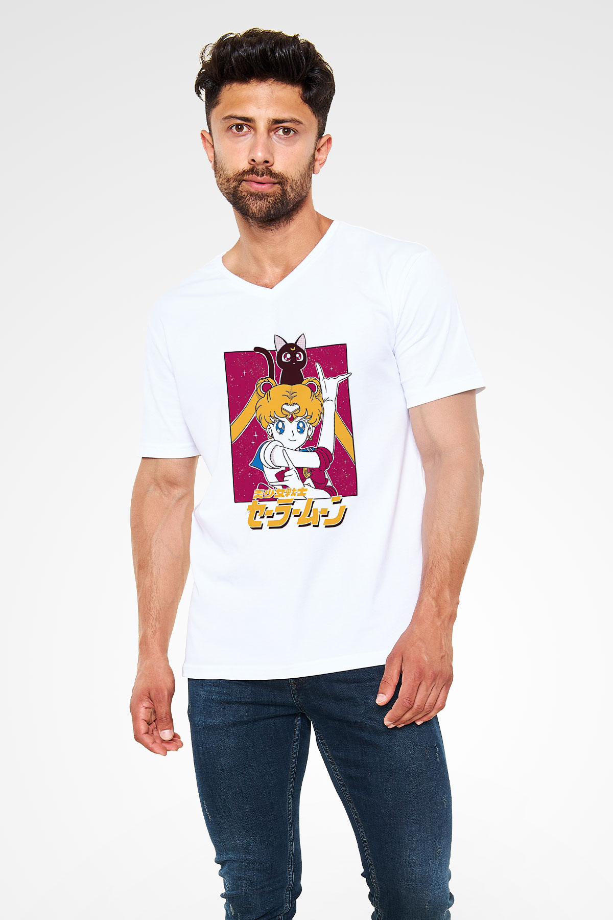 Sailor Moon Baskılı Beyaz Unisex V Yaka Tişört - Tshirt