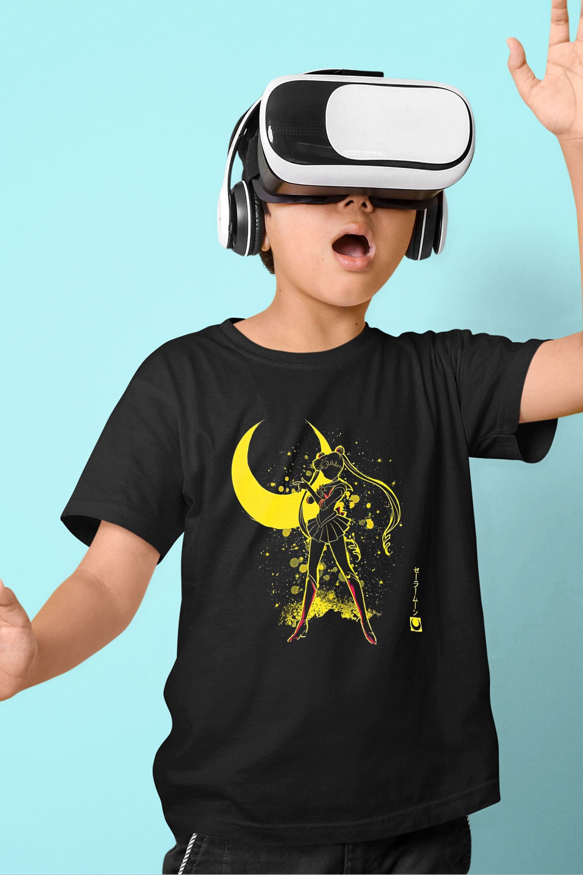 Sailor Moon Baskılı Unisex Siyah Çocuk Tişört - Tshirt
