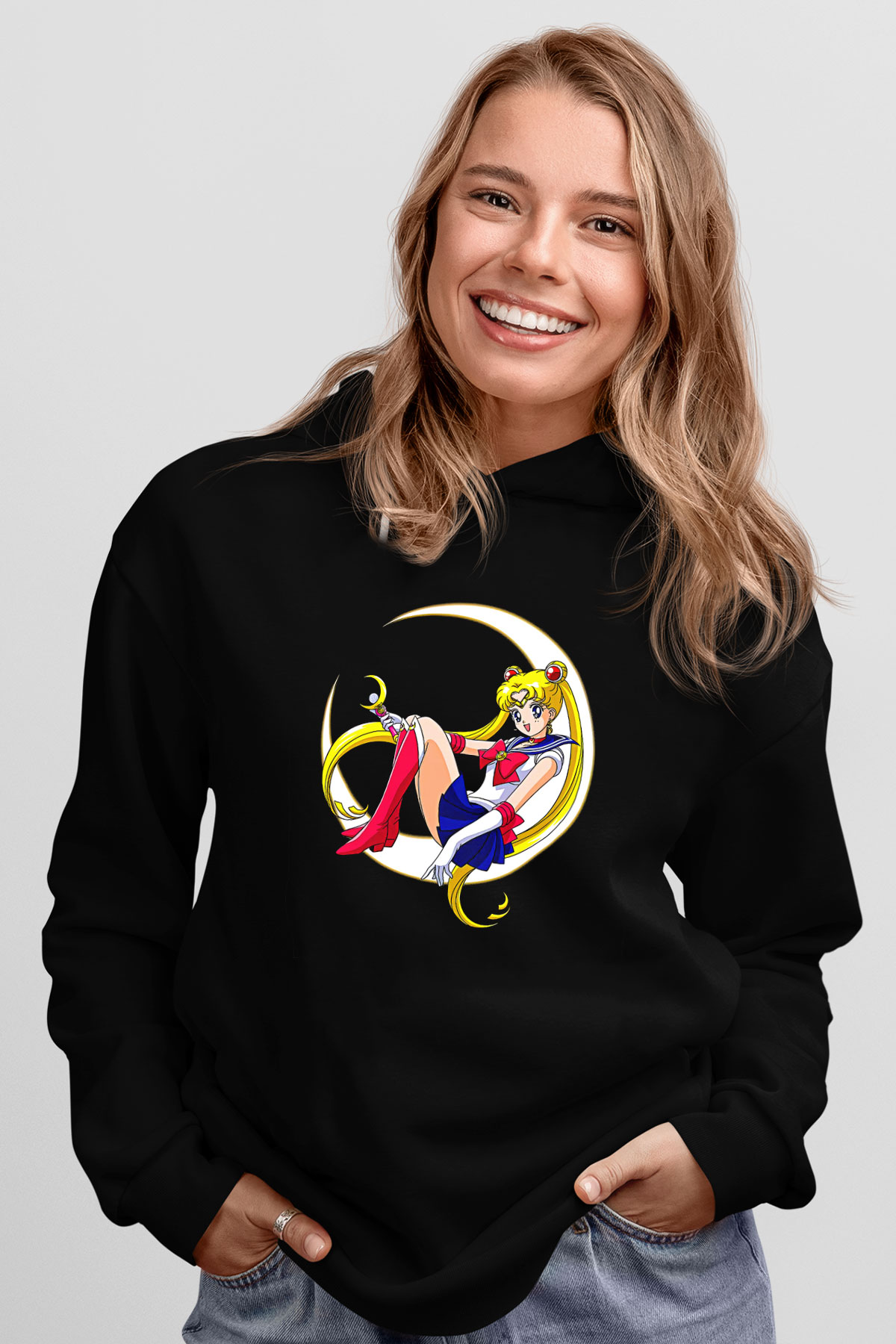 Sailor Moon Baskılı Unisex Siyah Hoodie