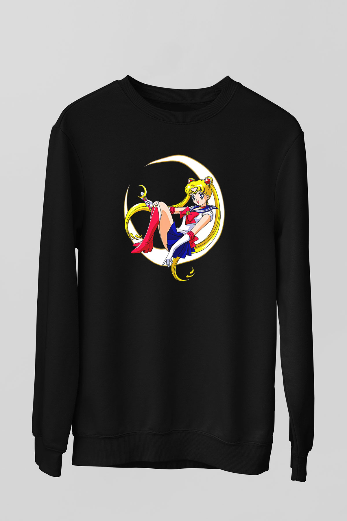 Sailor Moon Baskılı Unisex Siyah Sweatshirt