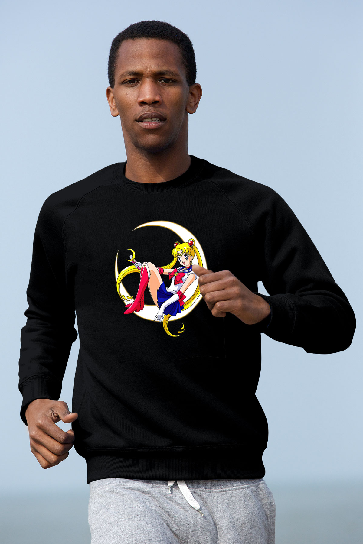 Sailor Moon Baskılı Unisex Siyah Sweatshirt