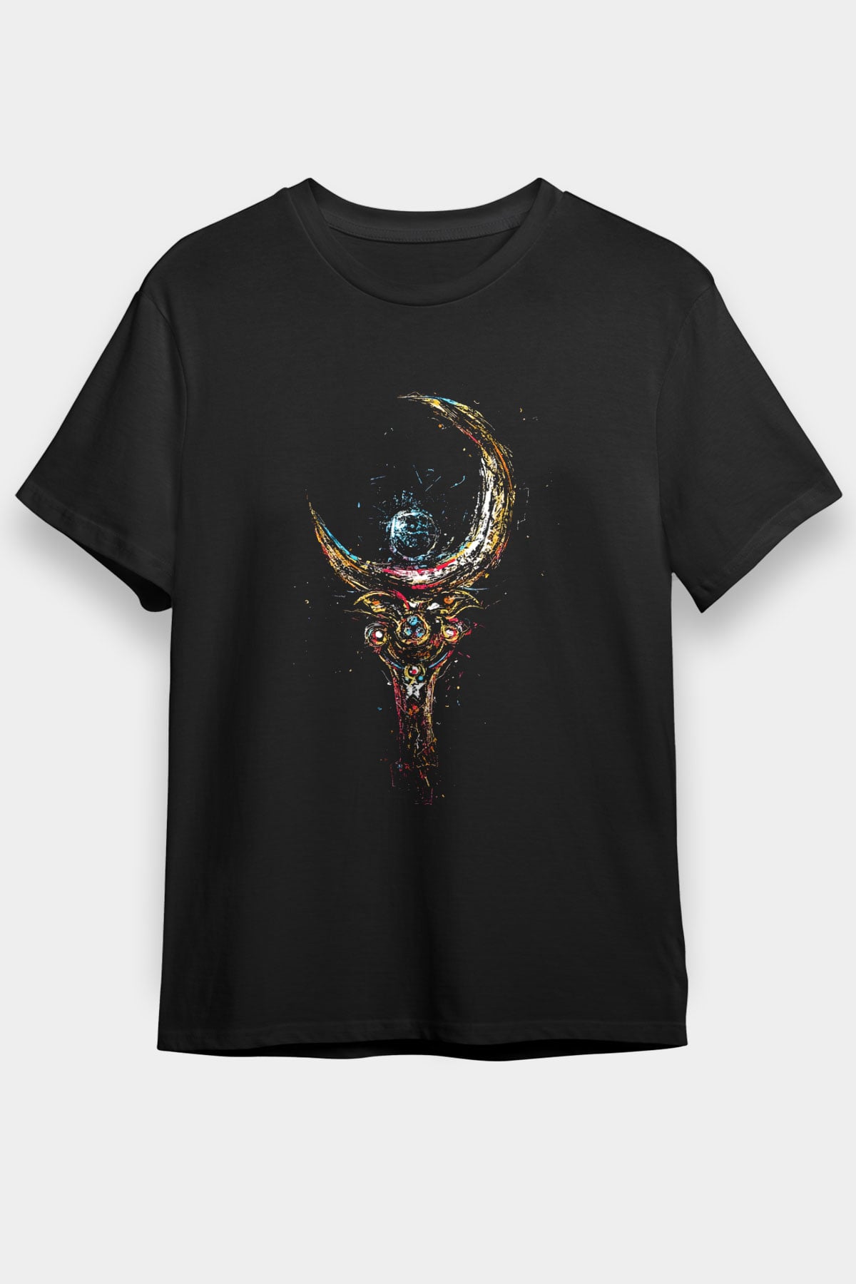 Sailor Moon Baskılı Unisex Siyah Tişört - Tshirt